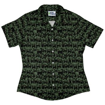 Cats in the Leaves Curvy Button Up Shirt Geek Nerd All Adult Button Up Shirts Animal Patterns Botany Print