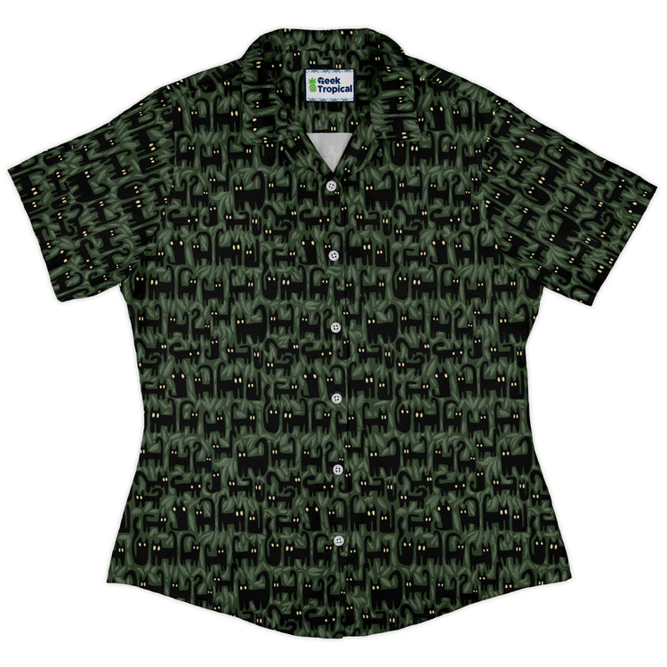 Cats in the Leaves Curvy Button Up Shirt Geek Nerd All Adult Button Up Shirts Animal Patterns Botany Print