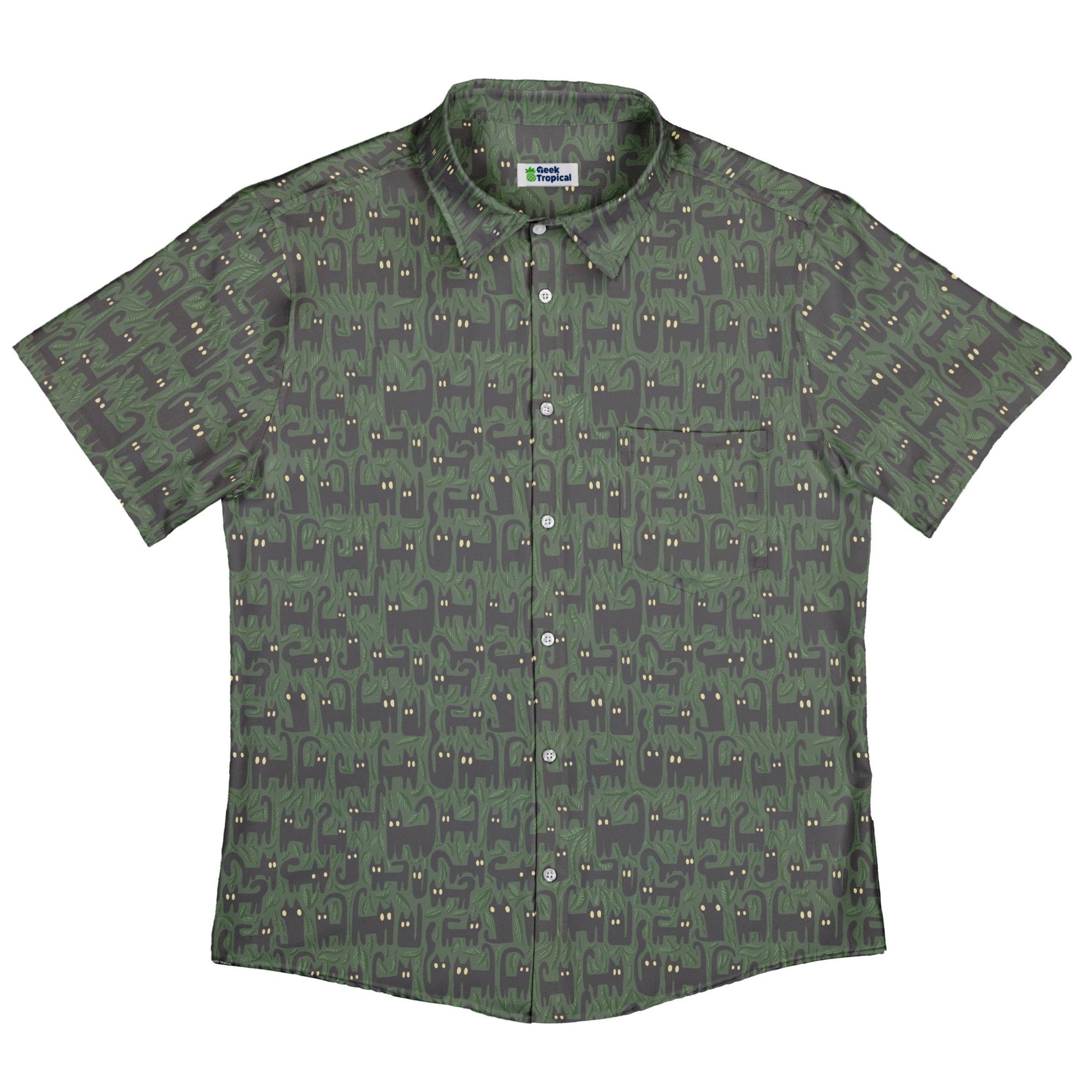 Cats in the Leaves Button Up Shirt Geek Nerd adult sizing botany print Design by Heather Davenport