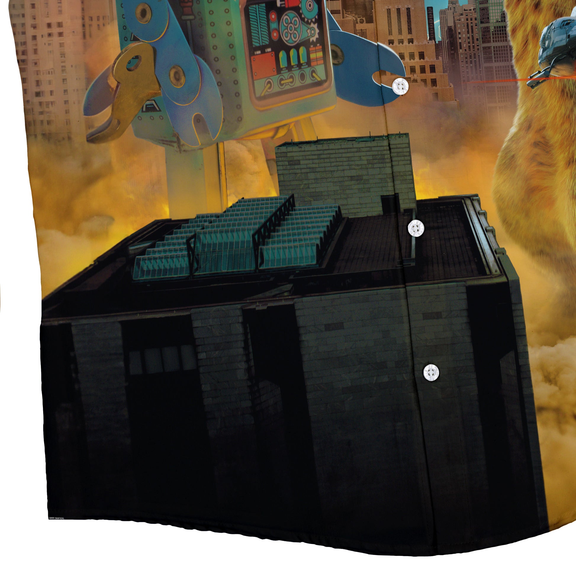Catzilla vs Robot Button Up Shirt - adult sizing - Animal Patterns - Design by Vincent Hie
