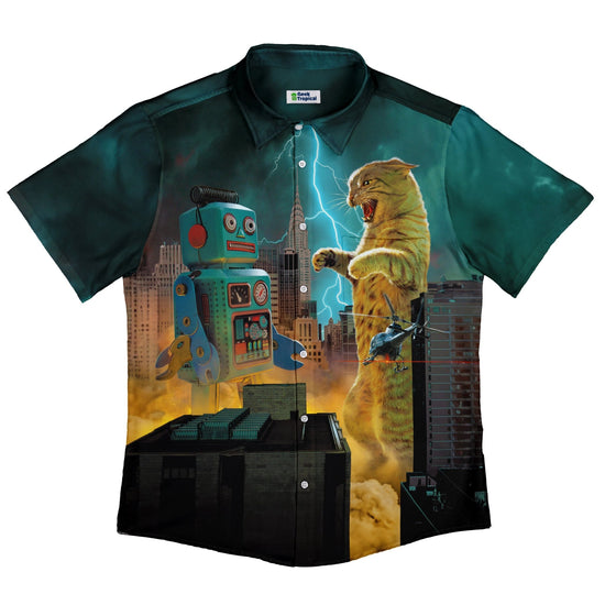 Catzilla vs Robot Button Up Shirt - adult sizing - Animal Patterns - Design by Vincent Hie