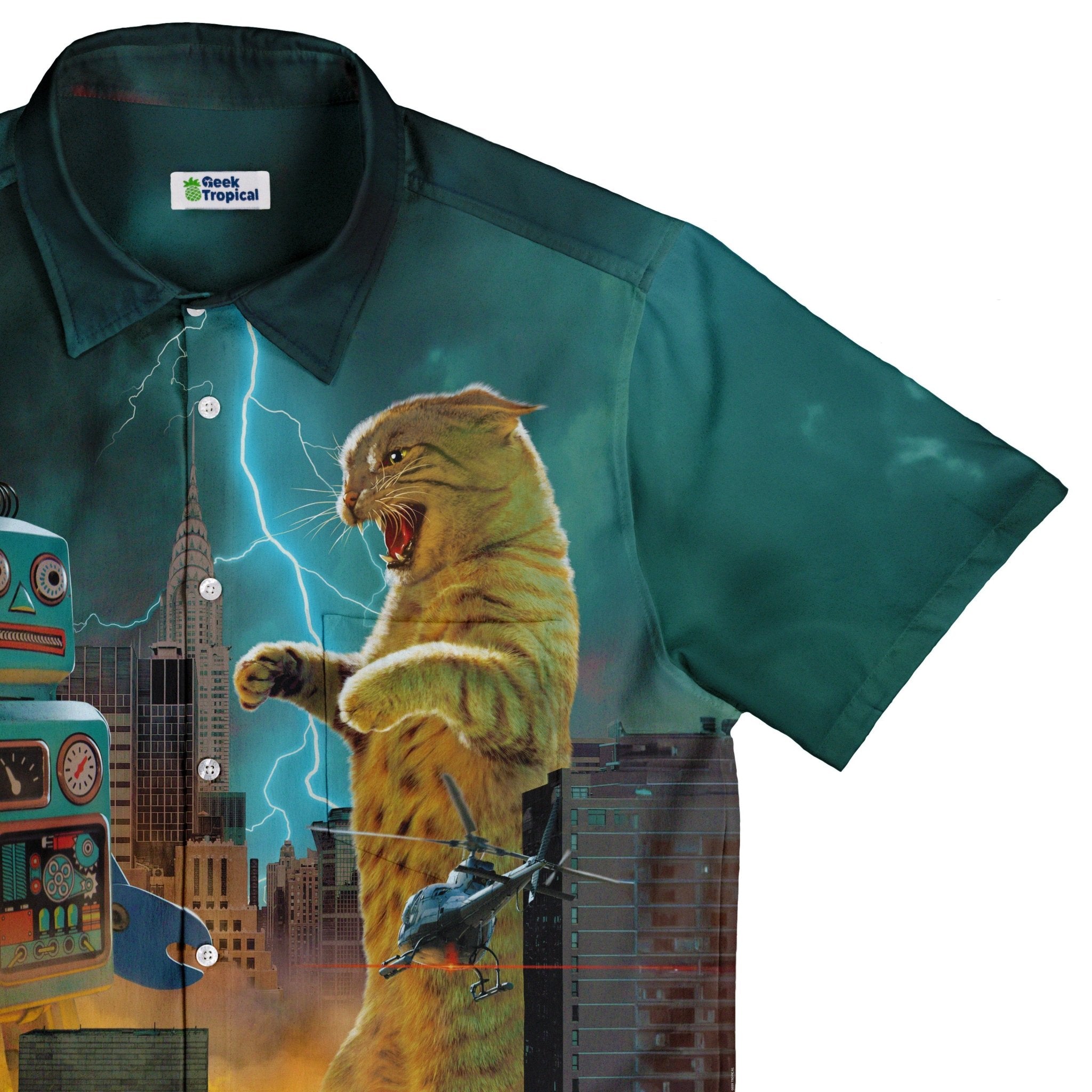 Catzilla vs Robot Button Up Shirt - adult sizing - Animal Patterns - Design by Vincent Hie