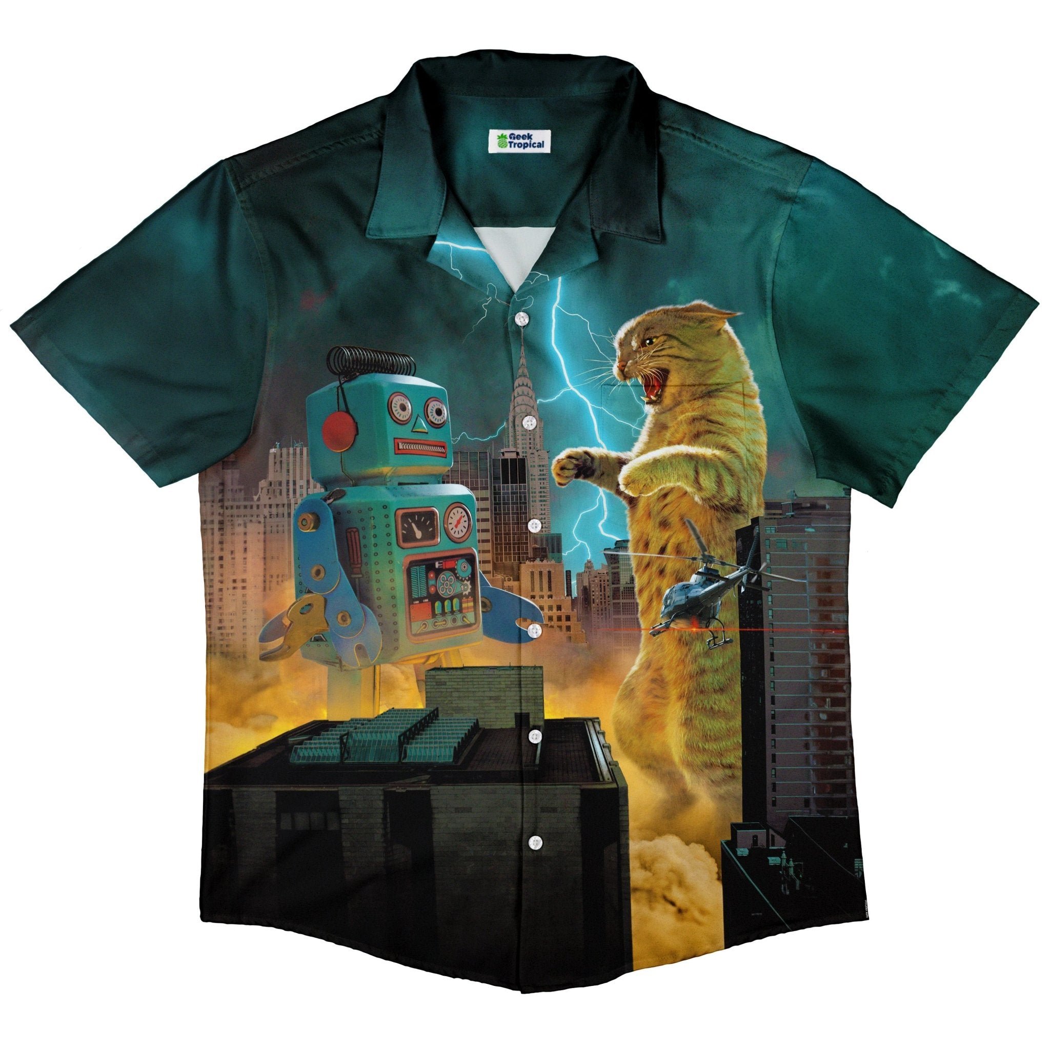 Catzilla vs Robot Button Up Shirt - adult sizing - Animal Patterns - Design by Vincent Hie