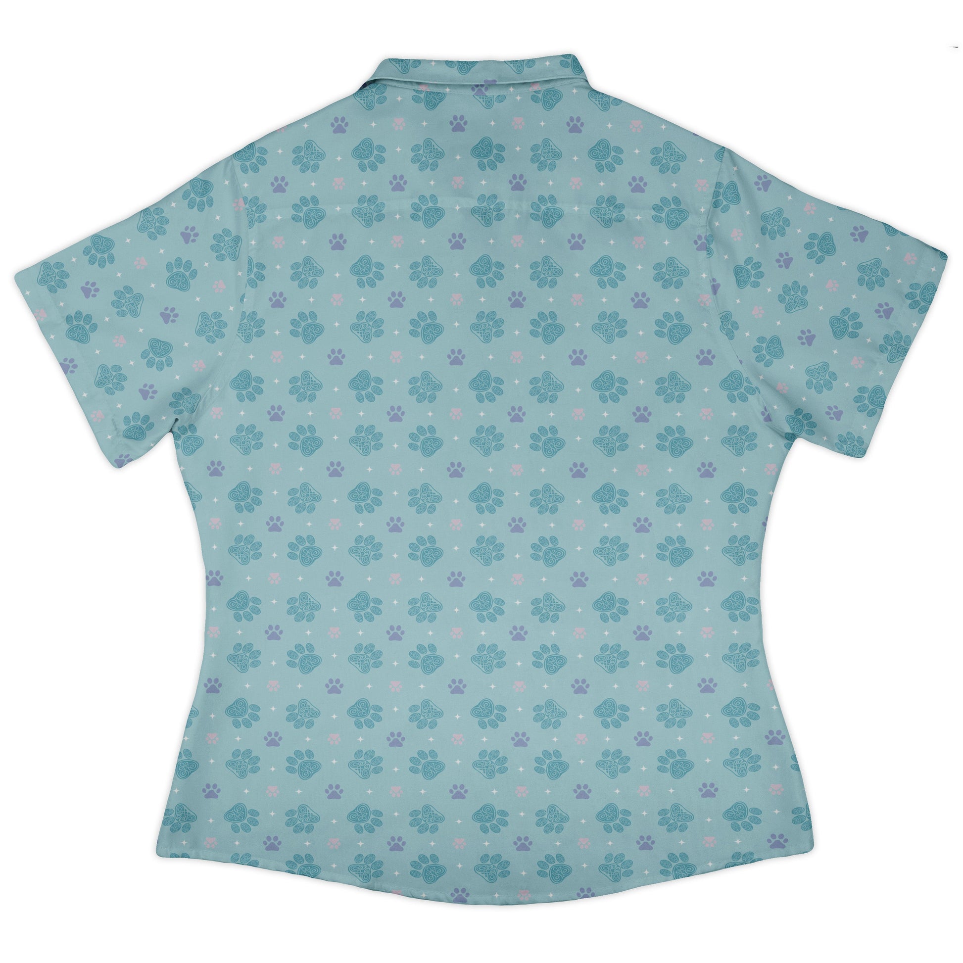 Celtic Knot Paws Teal Curvy Button Up Shirt womens back