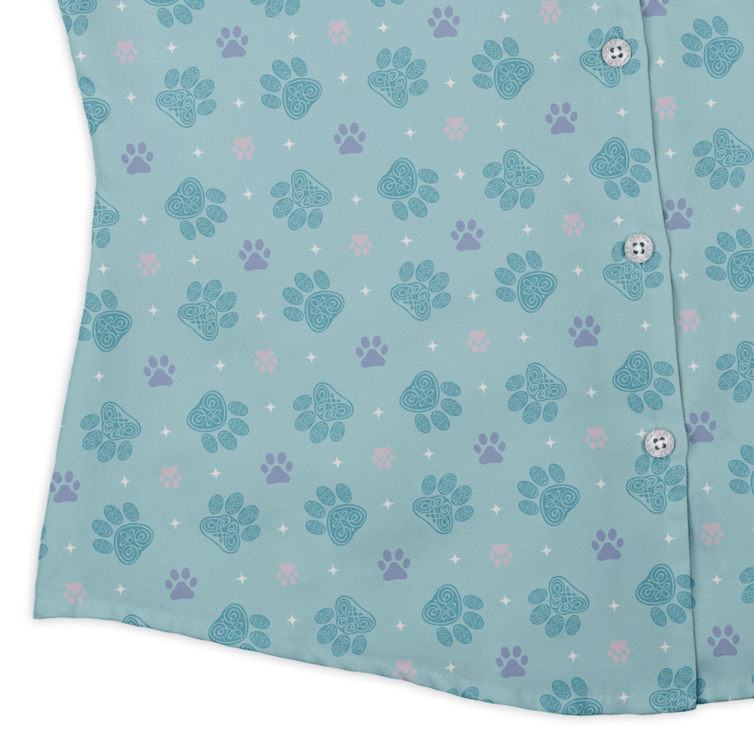 Celtic Knot Paws Teal Curvy Button Up Shirt womens corner