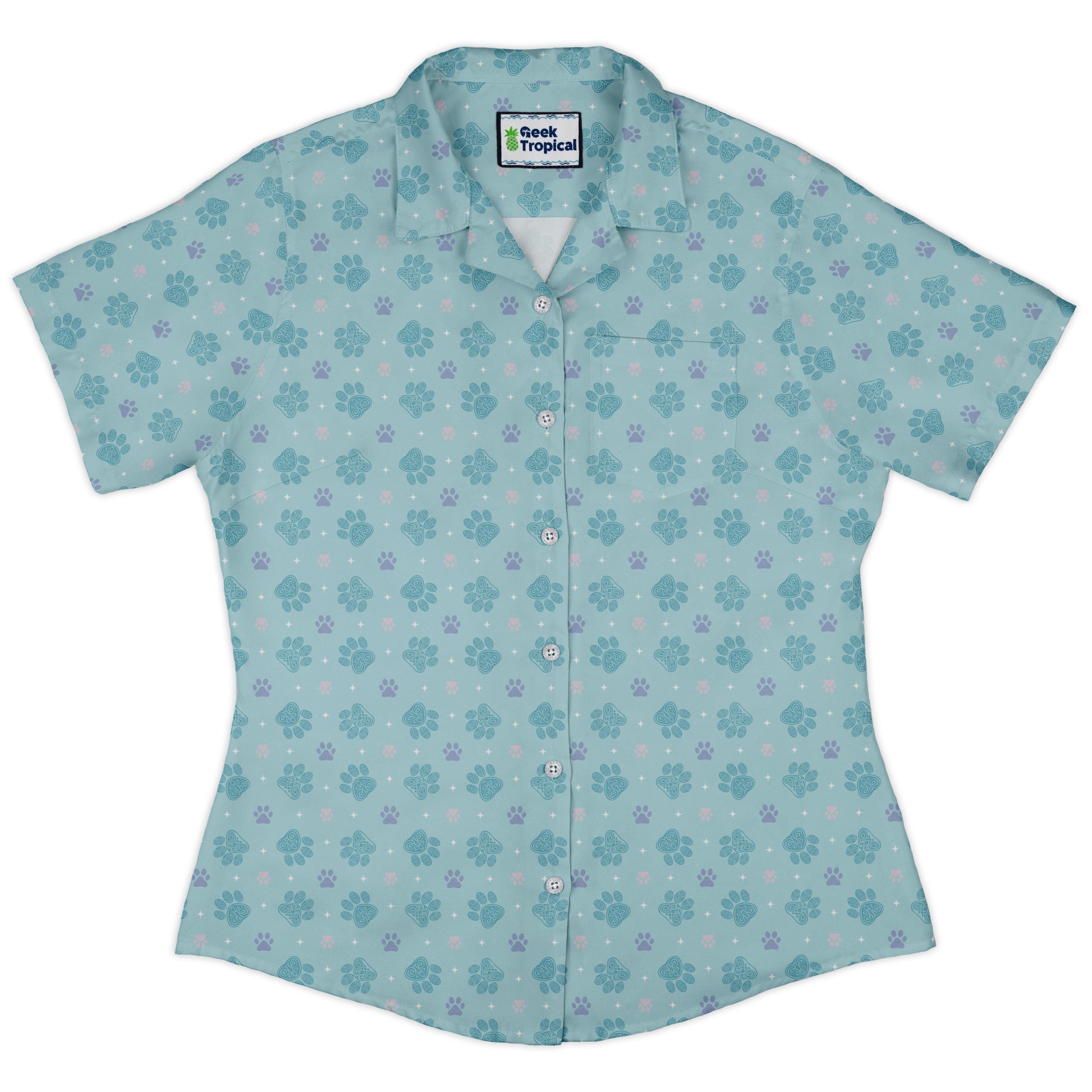 Celtic Knot Paws Teal Curvy Button Up Shirt womens front