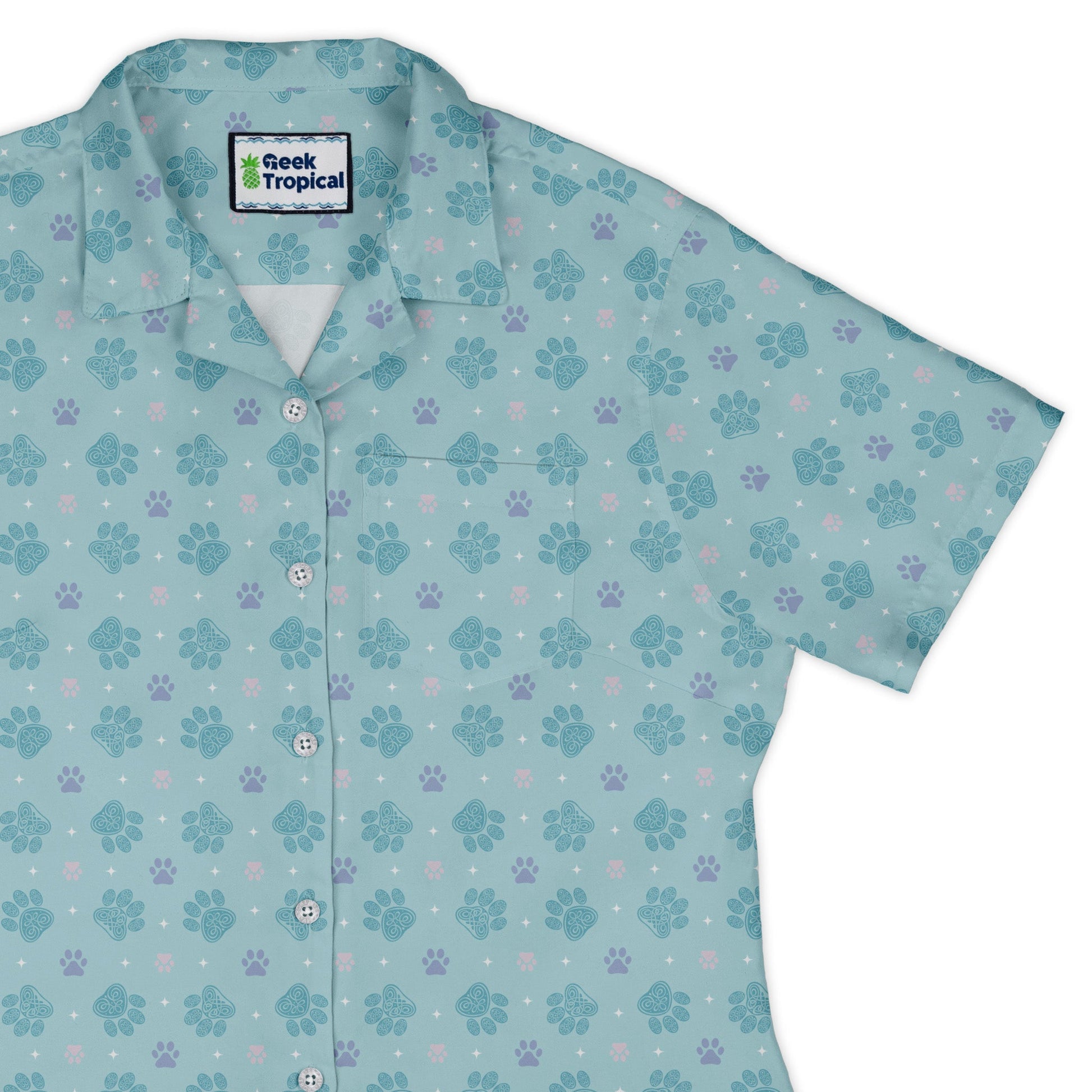 Celtic Knot Paws Teal Curvy Button Up Shirt womens top right