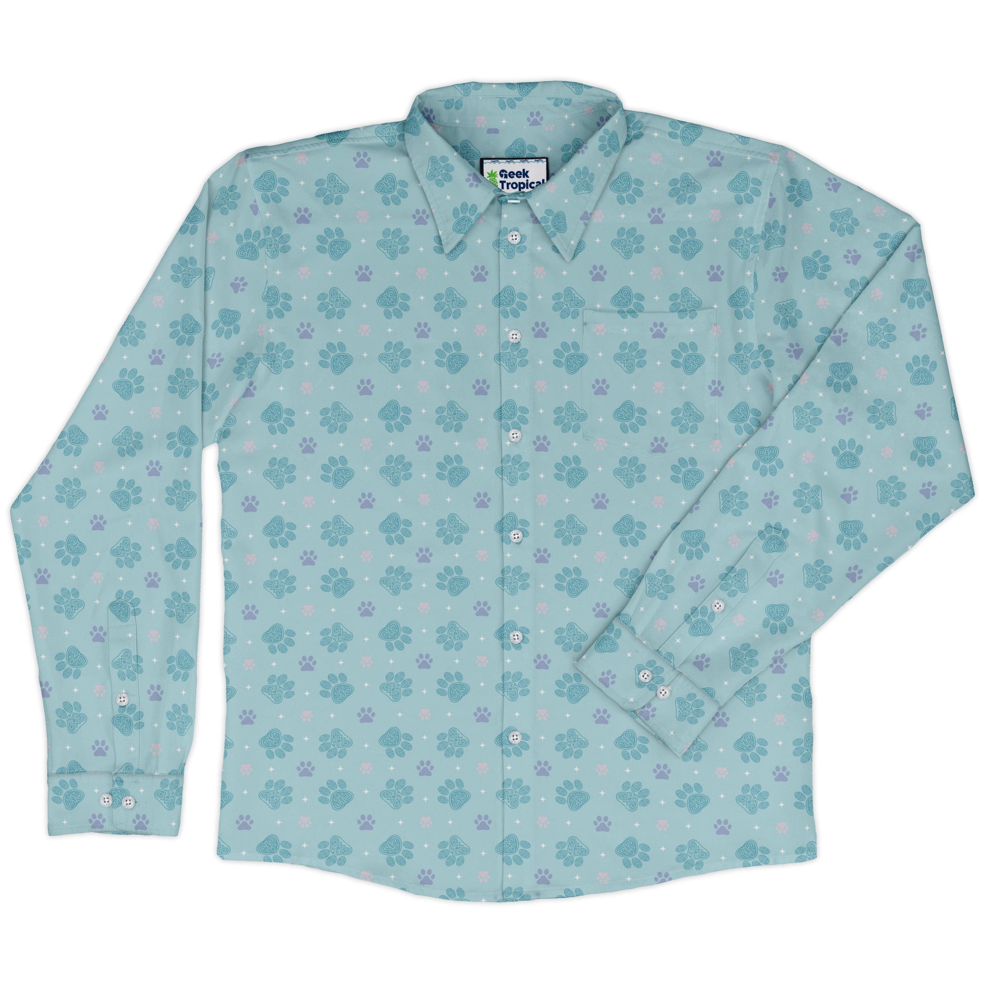 Celtic Knot Paws Teal Long Sleeve Button Up Shirt front