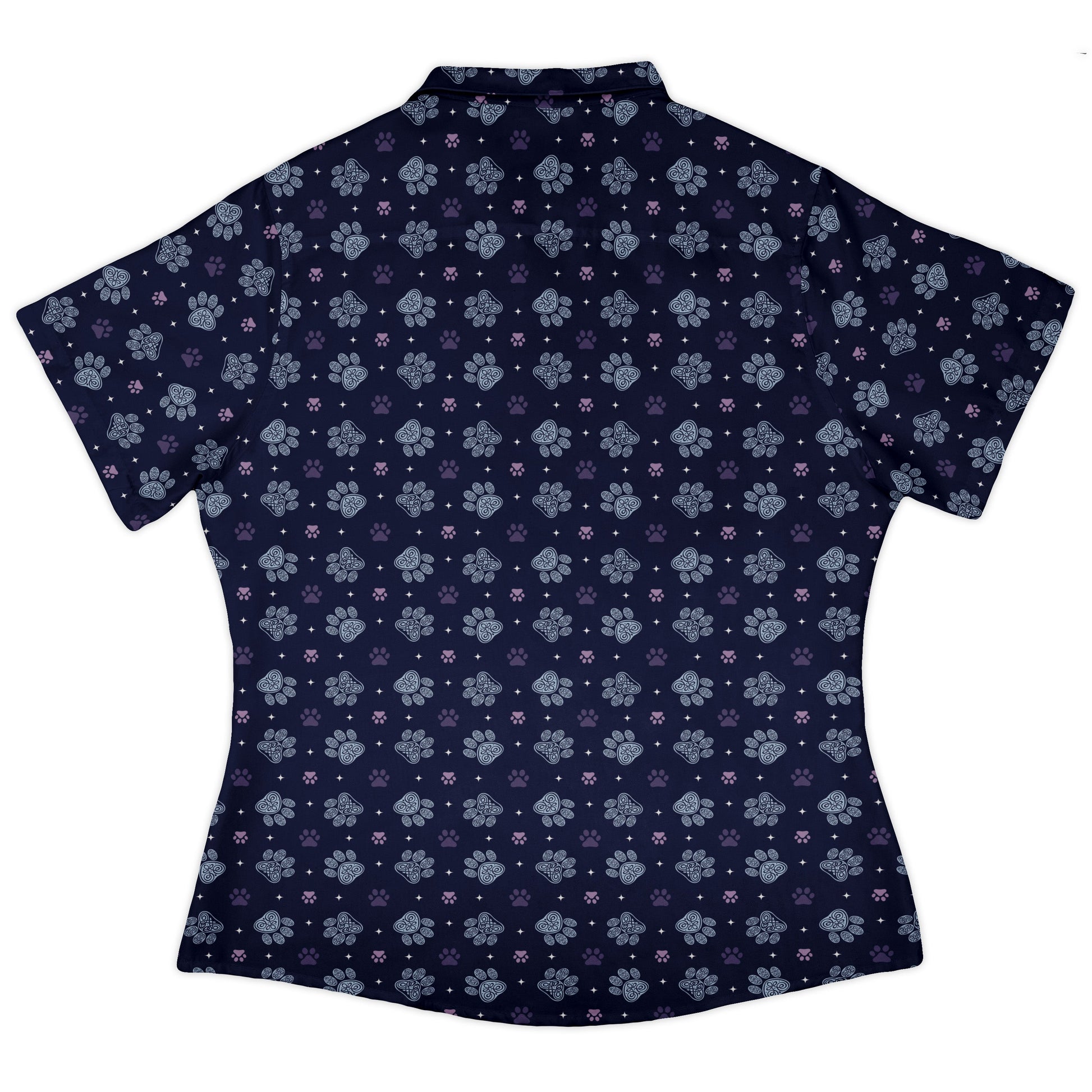 Celtic Knots Paws Blue Curvy Button Up Shirt womens back