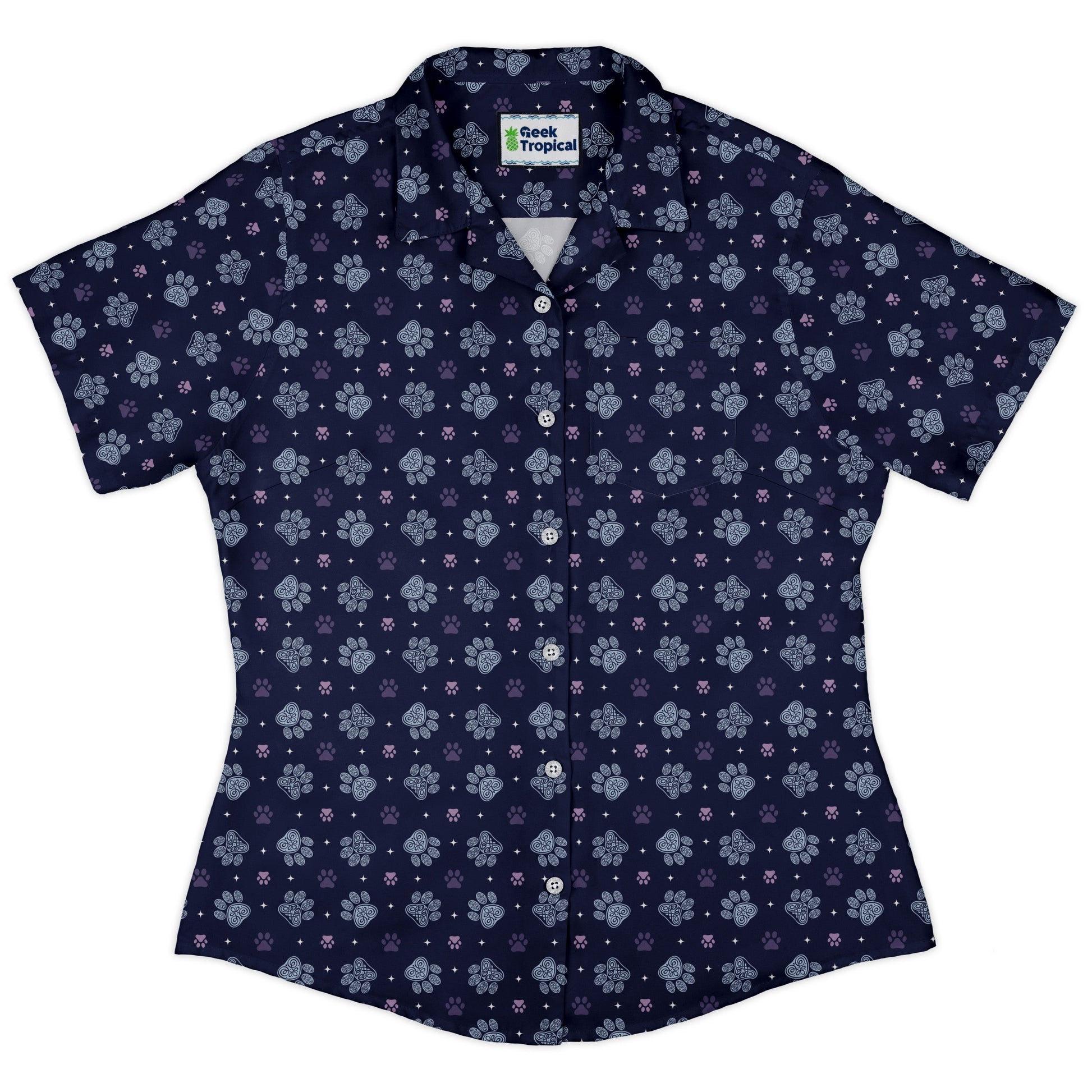 Celtic Knots Paws Blue Curvy Button Up Shirt womens front