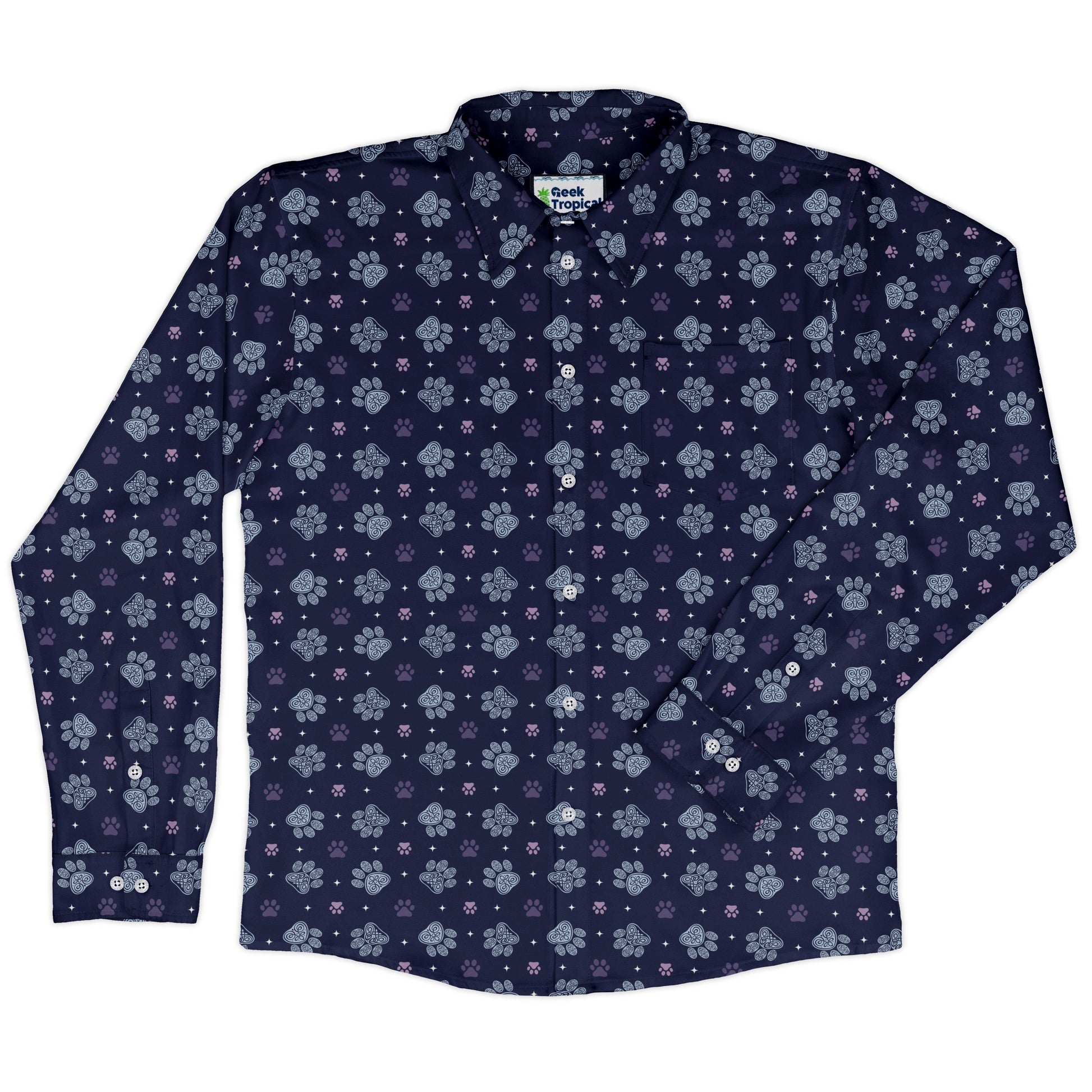 Celtic Knots Paws Blue Long Sleeve Button Up Shirt front