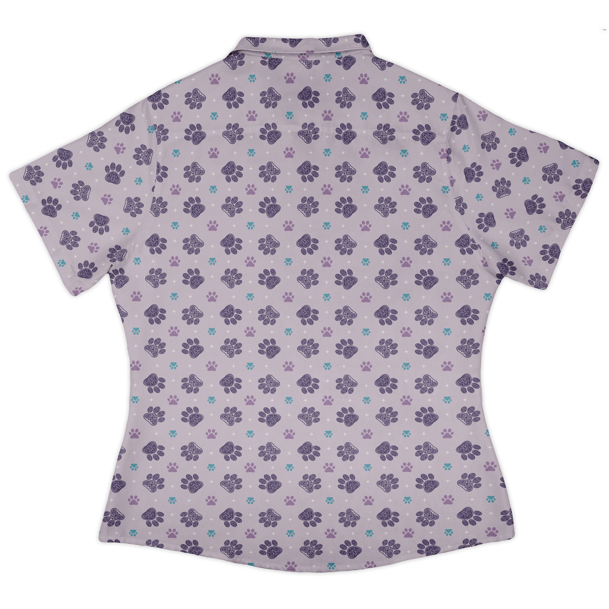 Celtic Knots Paws Lilac Curvy Button Up Shirt womens back