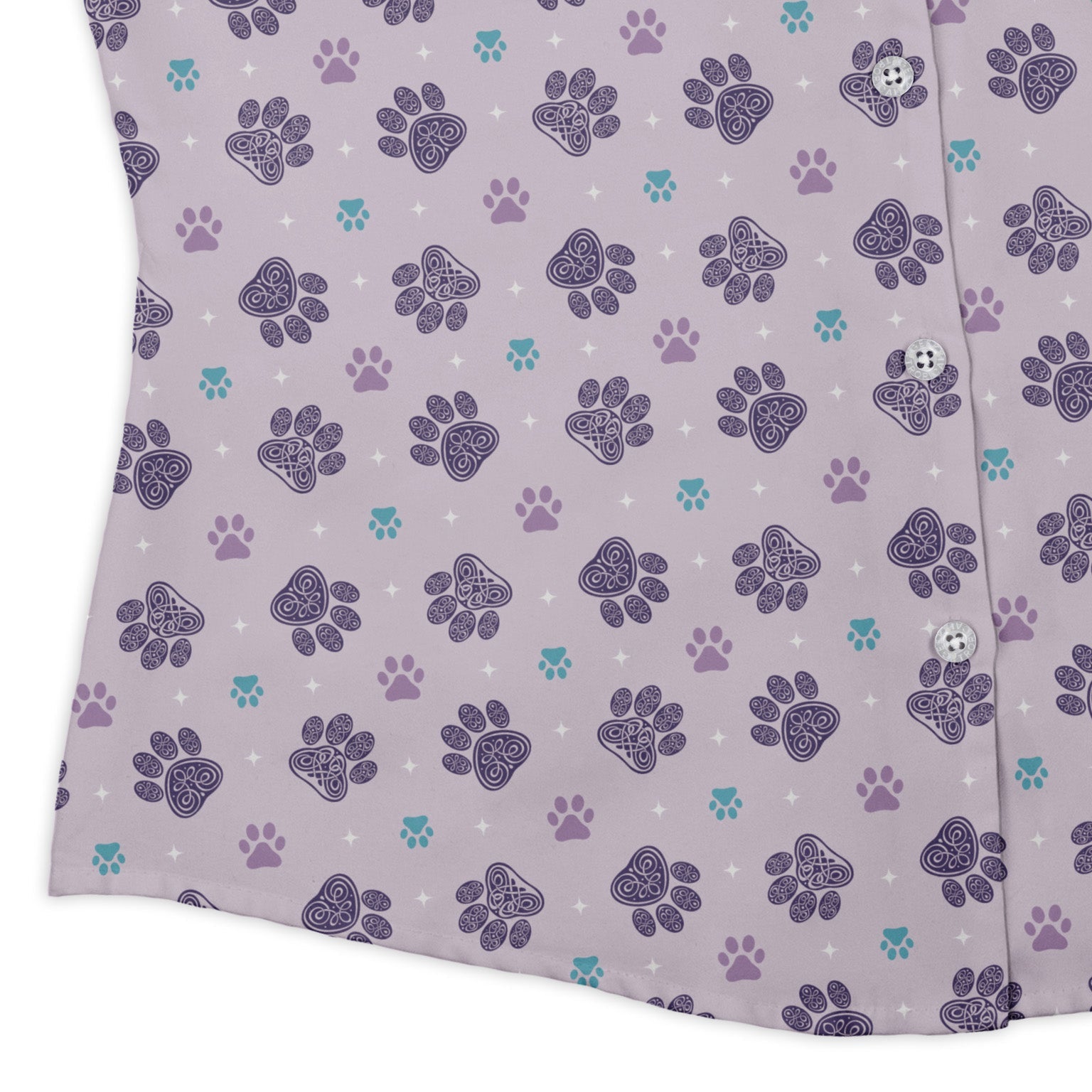 Celtic Knots Paws Lilac Curvy Button Up Shirt womens corner