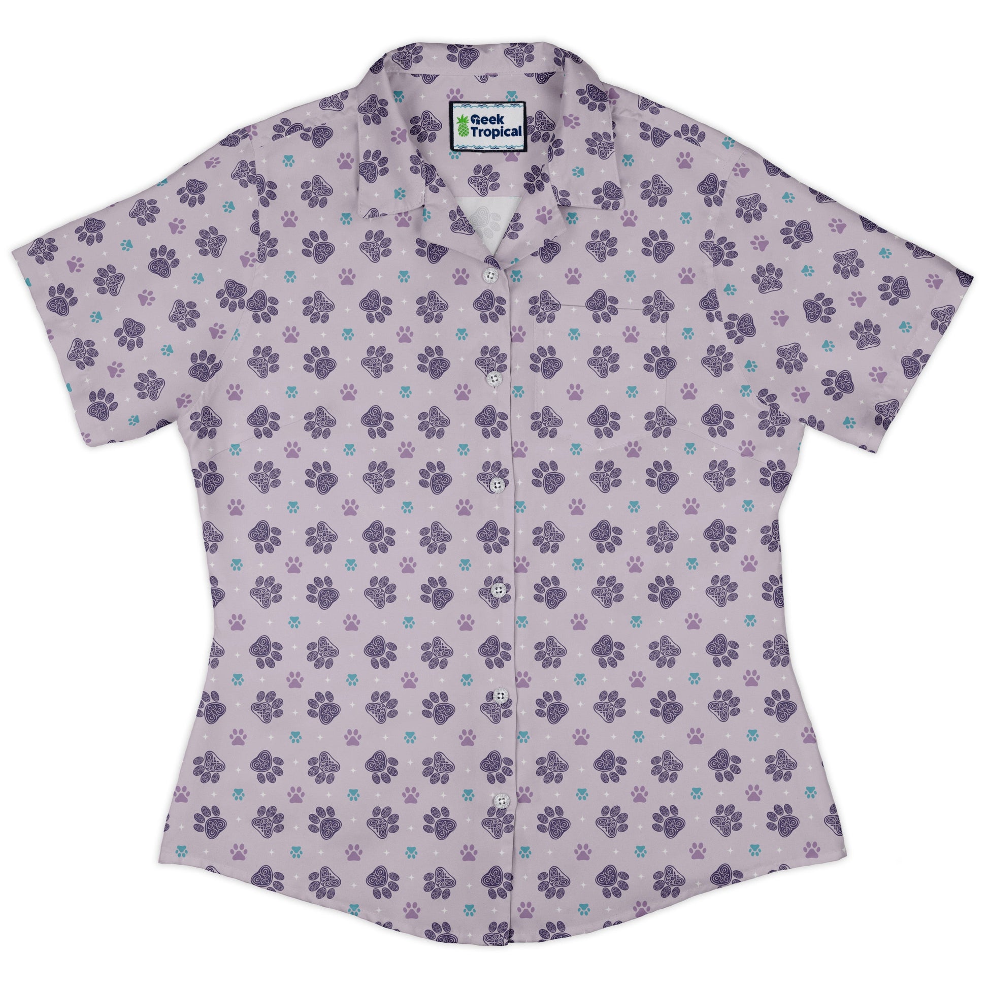 Celtic Knots Paws Lilac Curvy Button Up Shirt womens front