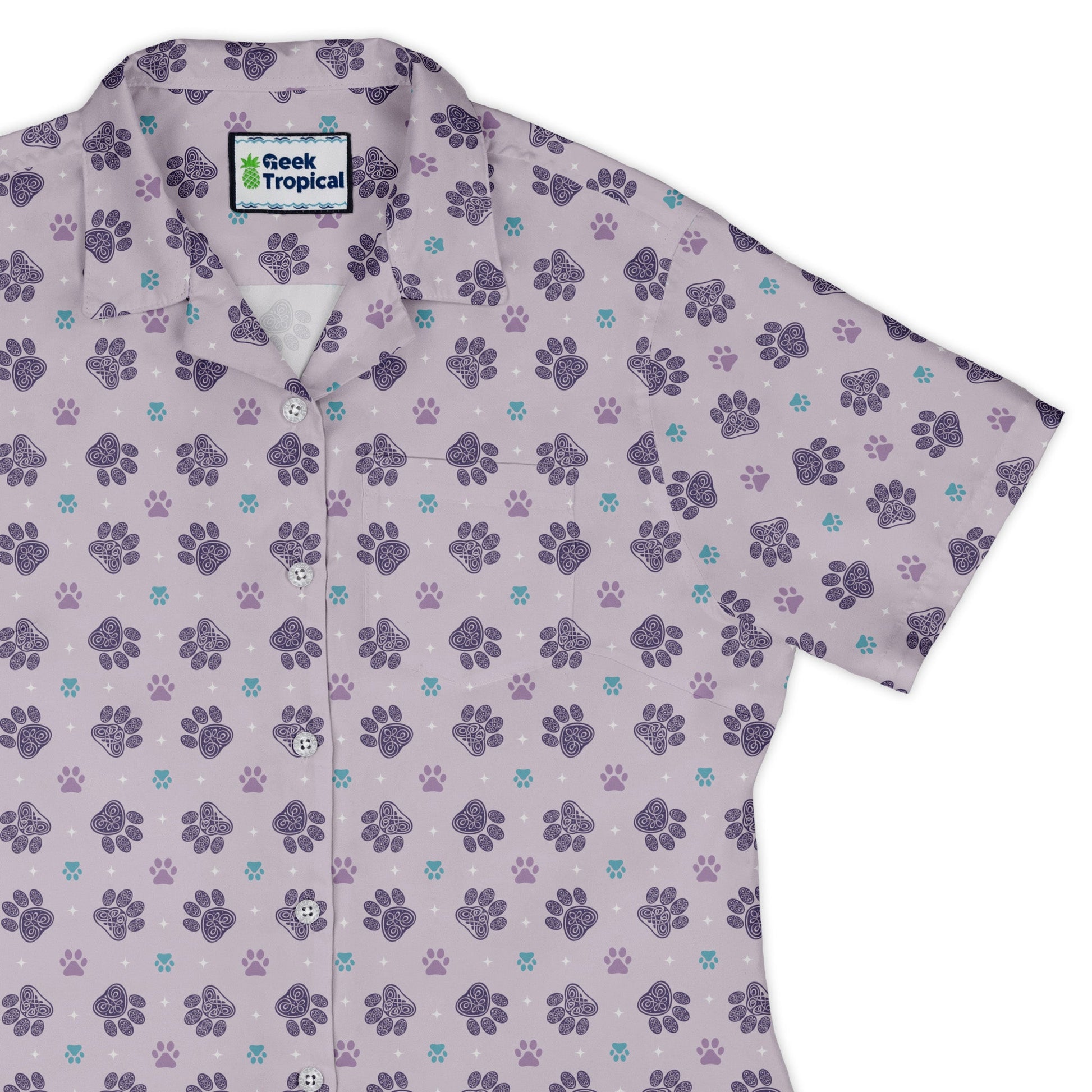 Celtic Knots Paws Lilac Curvy Button Up Shirt womens top right