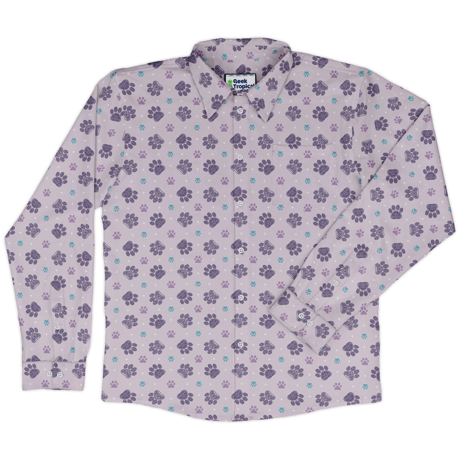 Celtic Knots Paws Lilac Long Sleeve Button Up Shirt front