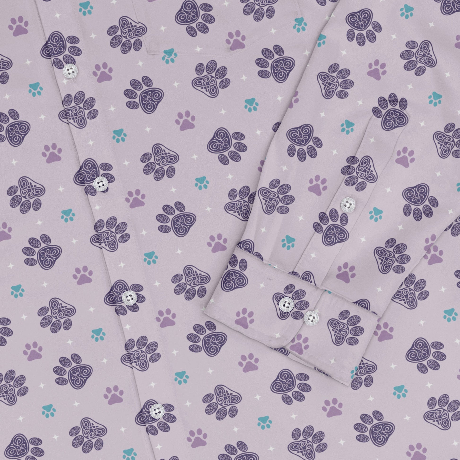Celtic Knots Paws Lilac Long Sleeve Button Up Shirt sleeve close