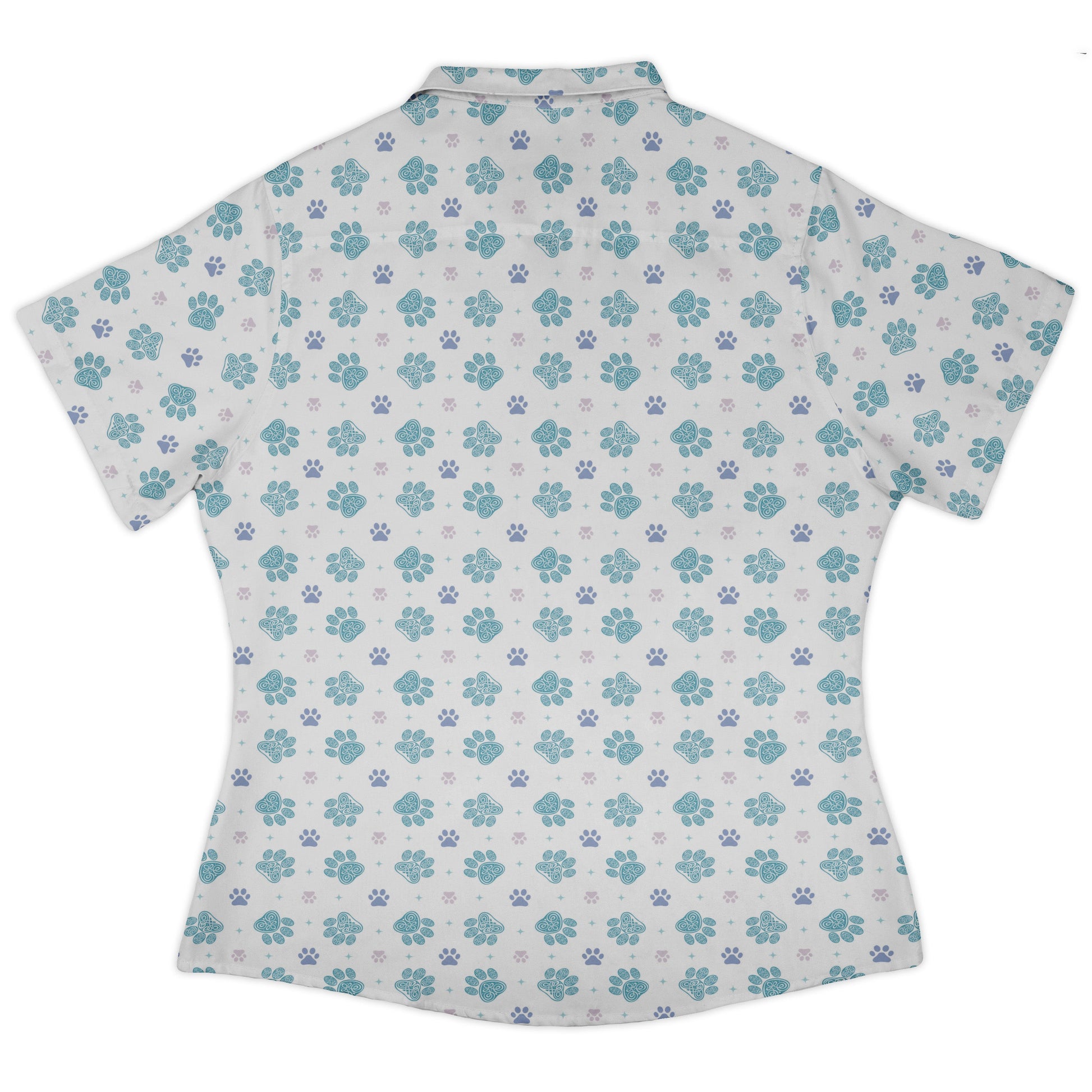 Celtic Knots Paws White Curvy Button Up Shirt womens back