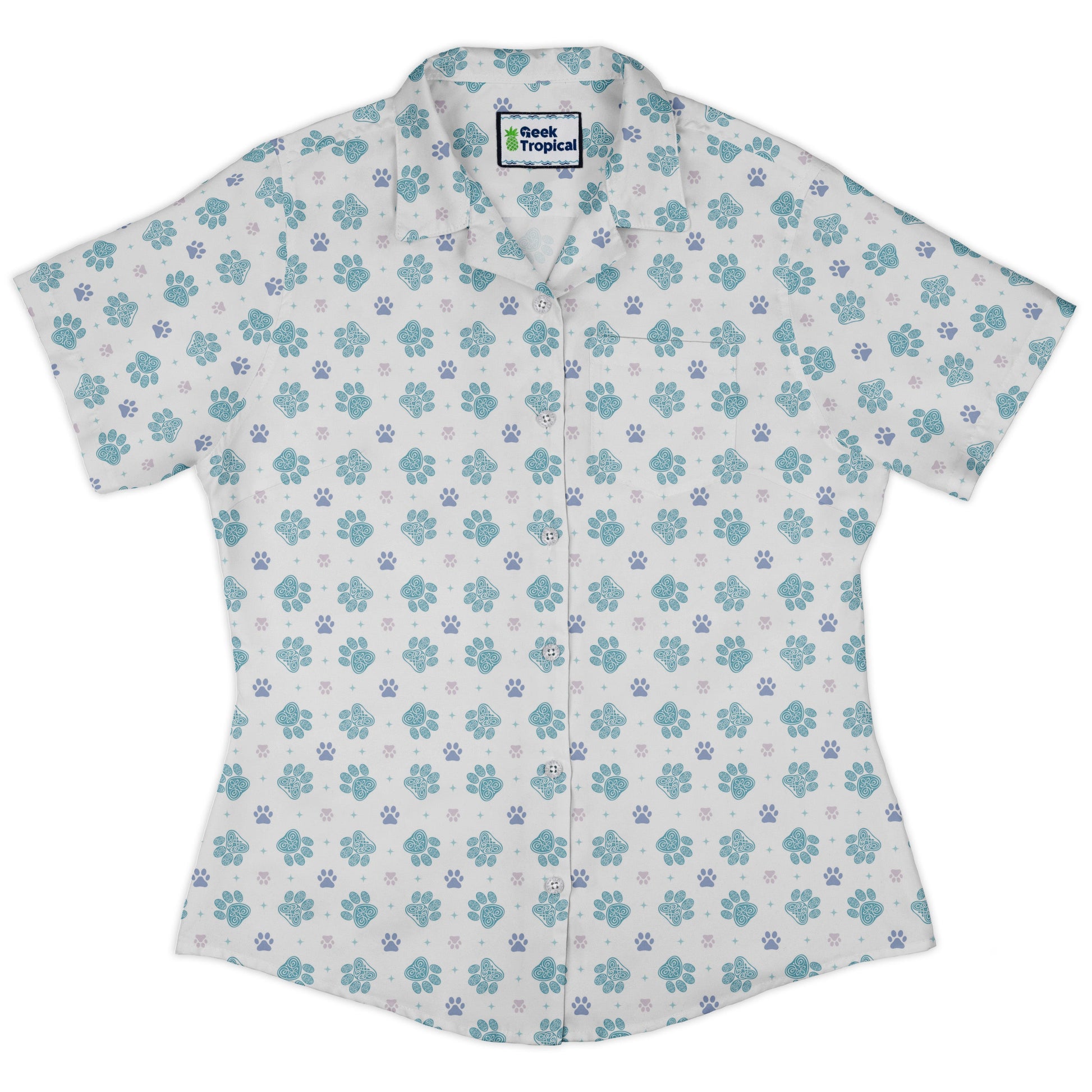 Celtic Knots Paws White Curvy Button Up Shirt womens front