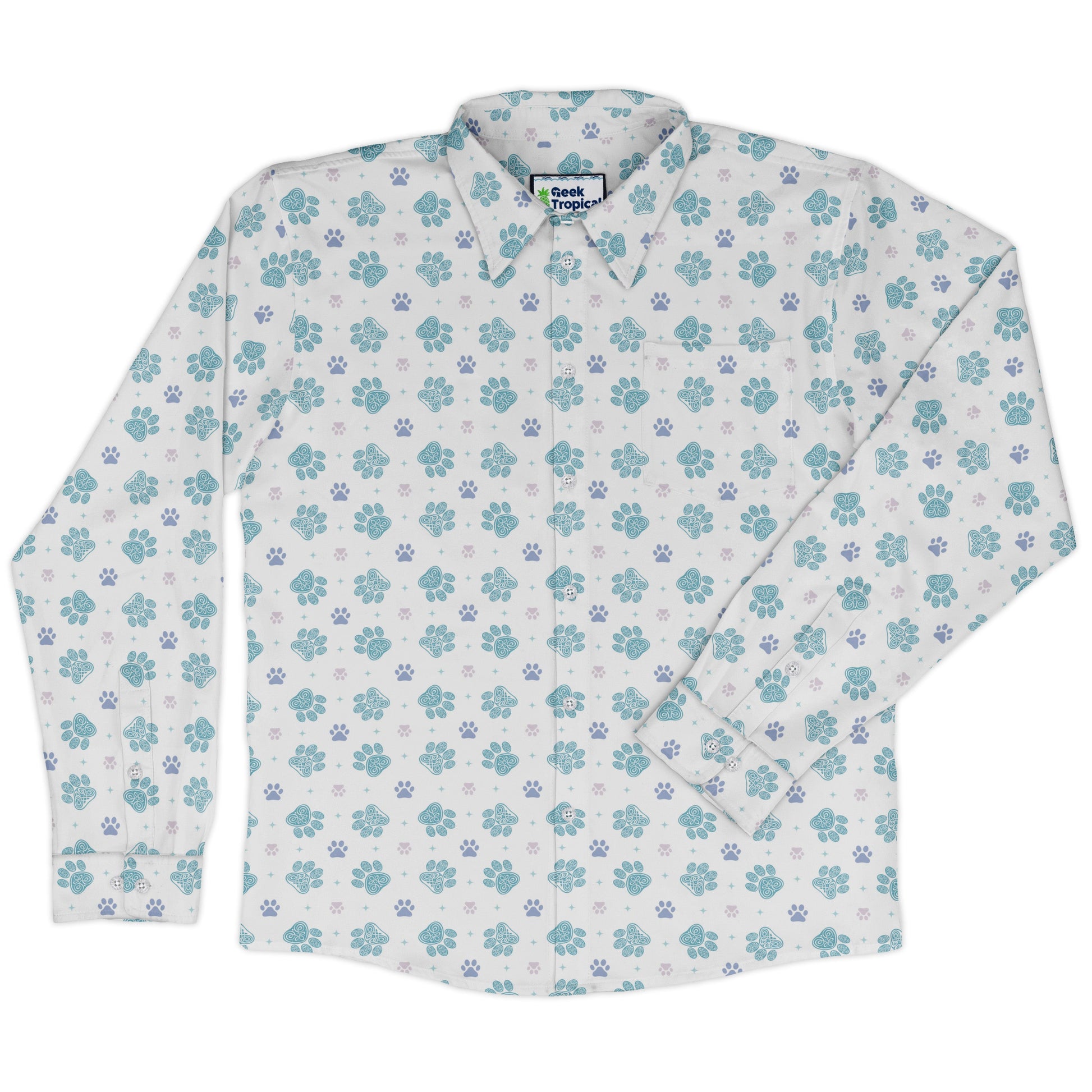 Celtic Knots Paws White Long Sleeve Button Up Shirt front