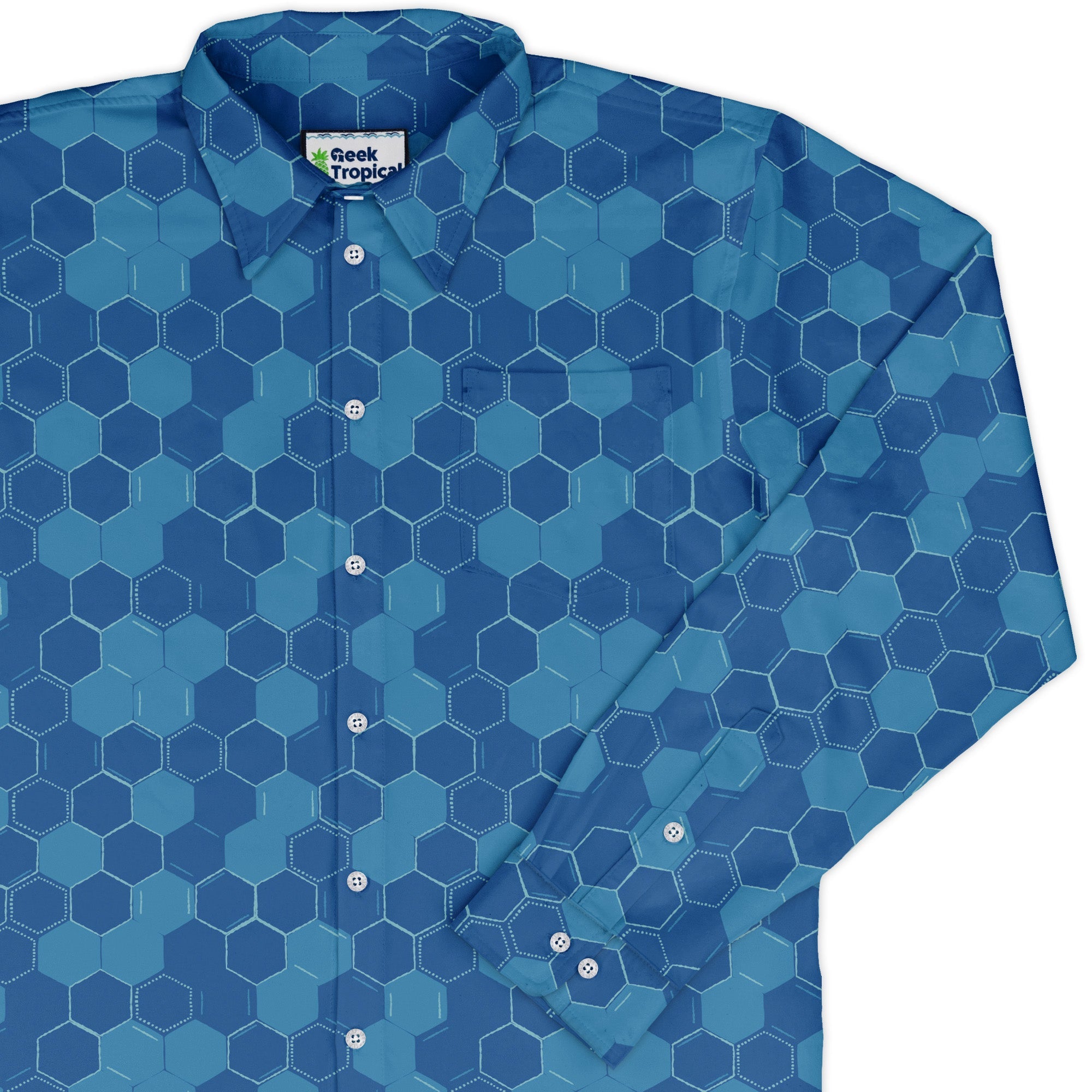 Chemistry Set Hexagon Long Sleeve Button Up Shirt Geek Nerd adult sizing Design by Zirkus Design FLOW DESC WRITING