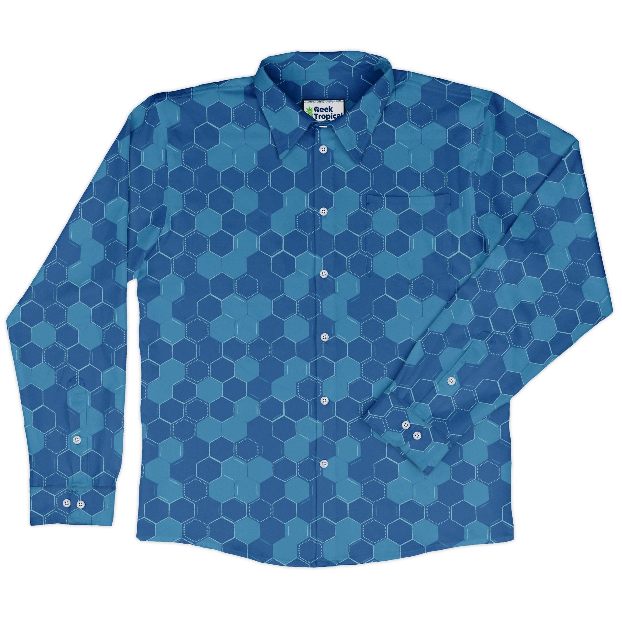 Chemistry Set Hexagon Long Sleeve Button Up Shirt Geek Nerd adult sizing Design by Zirkus Design FLOW DESC WRITING