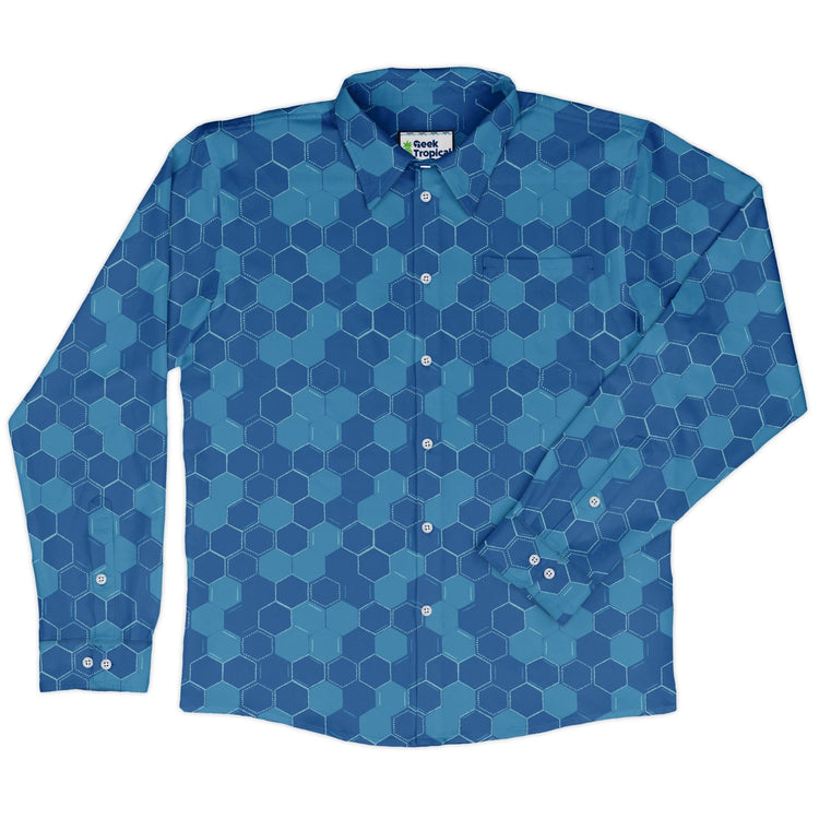 Chemistry Set Hexagon Long Sleeve Button Up Shirt Geek Nerd adult sizing Design by Zirkus Design FLOW DESC WRITING