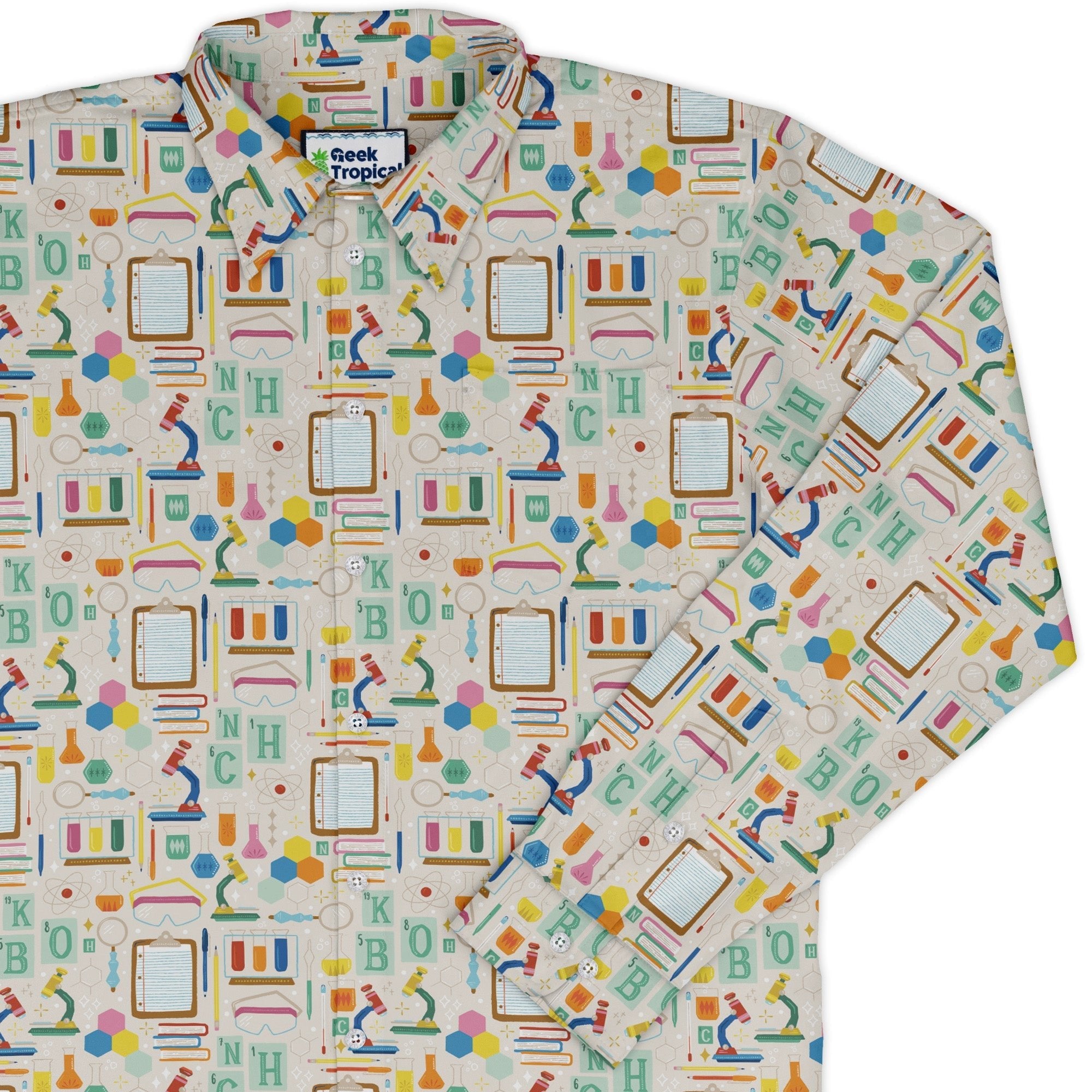 Chemistry Tool Set Long Sleeve Button Up Shirt Geek Nerd adult sizing Design by Zirkus Design FLOW DESC WRITING