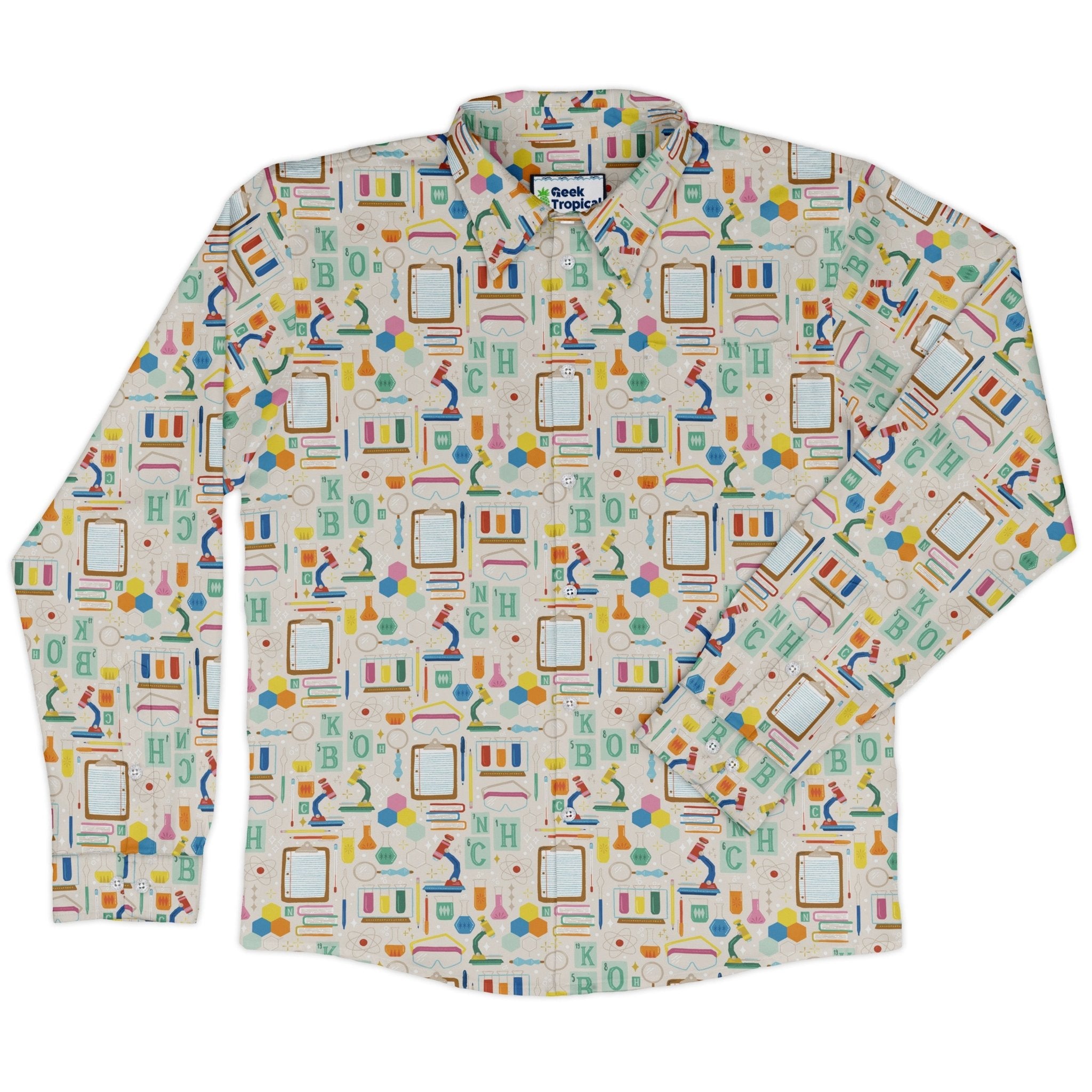 Chemistry Tool Set Long Sleeve Button Up Shirt Geek Nerd adult sizing Design by Zirkus Design FLOW DESC WRITING