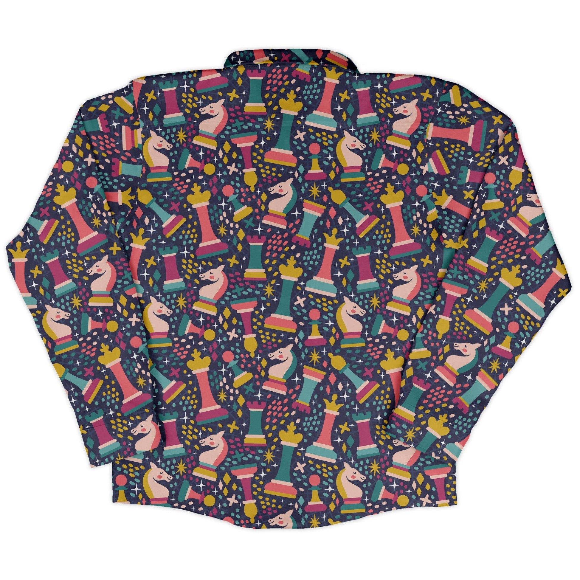 Chess Colorful Chess Pieces Blue Long Sleeve Button Up Shirt Geek Nerd adult sizing board game print FLOW DESC WRITING
