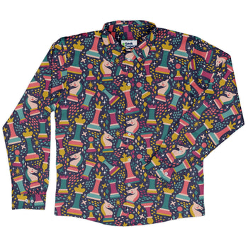 Chess Colorful Chess Pieces Blue Long Sleeve Button Up Shirt Geek Nerd adult sizing board game print FLOW DESC WRITING