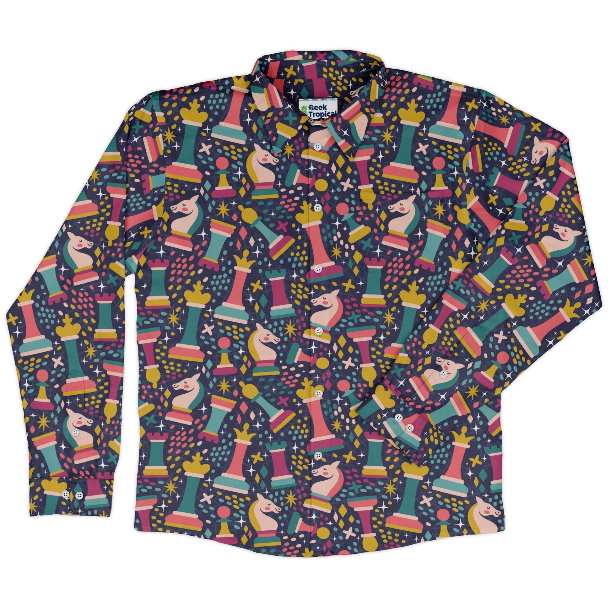 Chess Colorful Chess Pieces Blue Long Sleeve Button Up Shirt Geek Nerd adult sizing board game print FLOW DESC WRITING