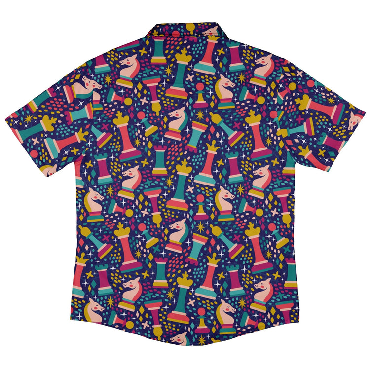 Chess Colorful Chess Pieces Blue Button Up Shirt - adult sizing - board game print - Maximalist Patterns