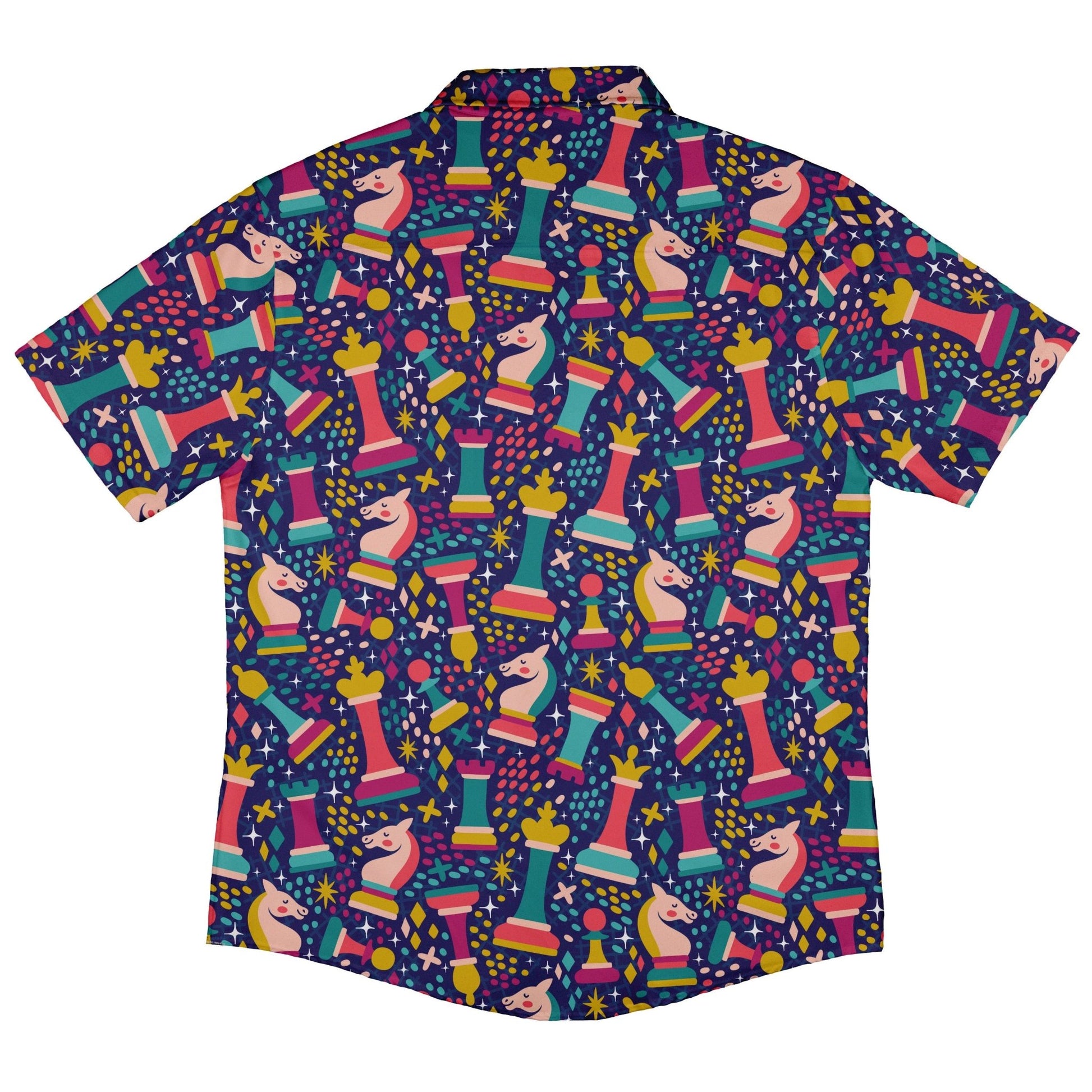 Chess Colorful Chess Pieces Blue Button Up Shirt - adult sizing - board game print - Maximalist Patterns