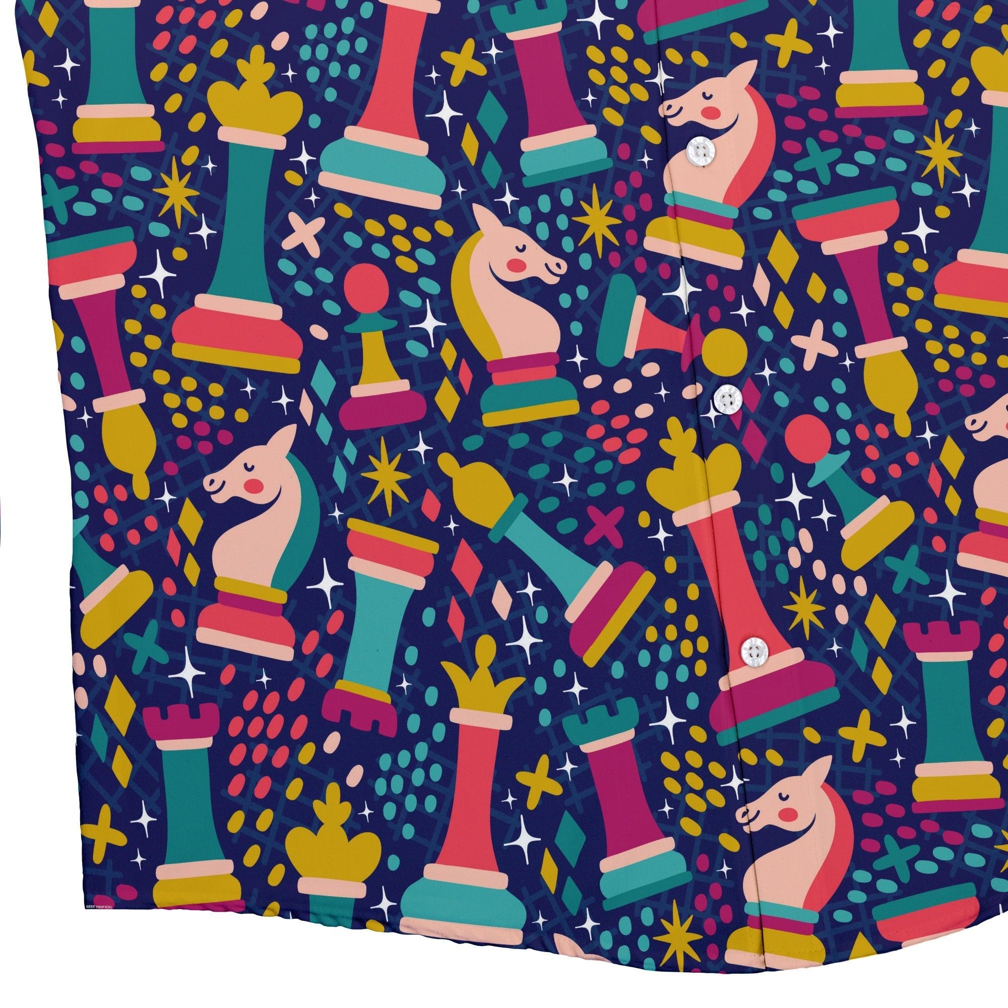 Chess Colorful Chess Pieces Blue Button Up Shirt - adult sizing - board game print - Maximalist Patterns