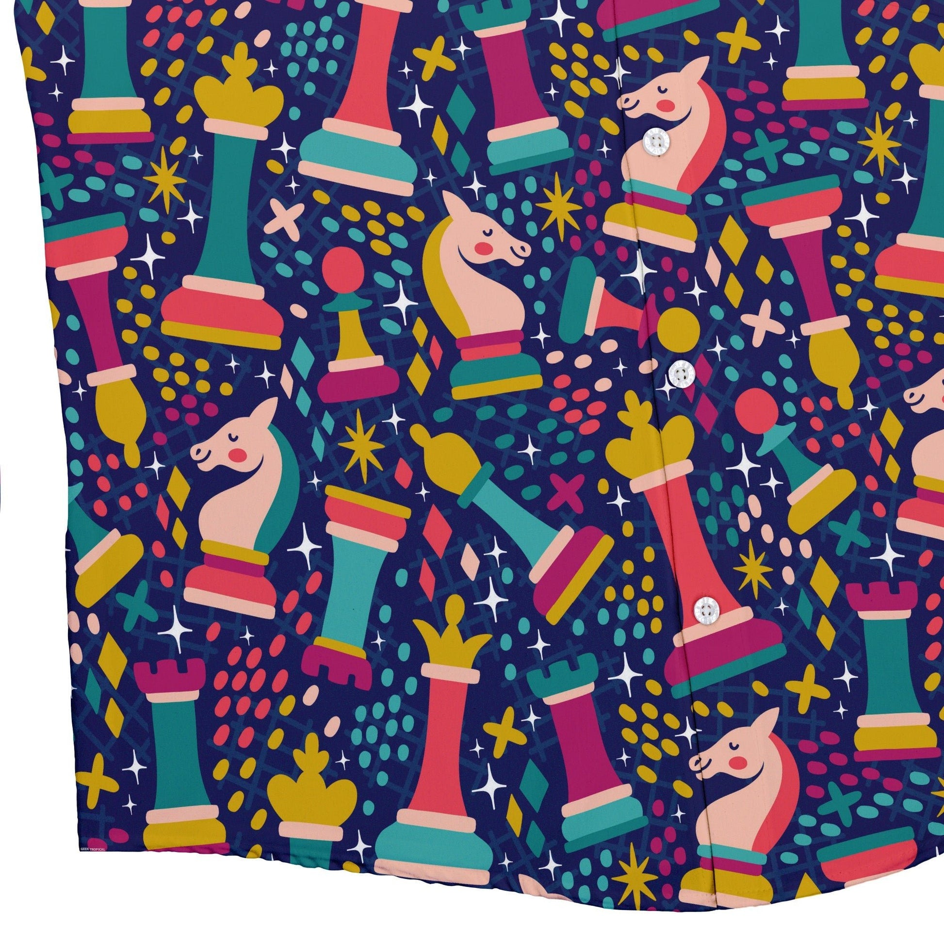 Chess Colorful Chess Pieces Blue Button Up Shirt - adult sizing - board game print - Maximalist Patterns