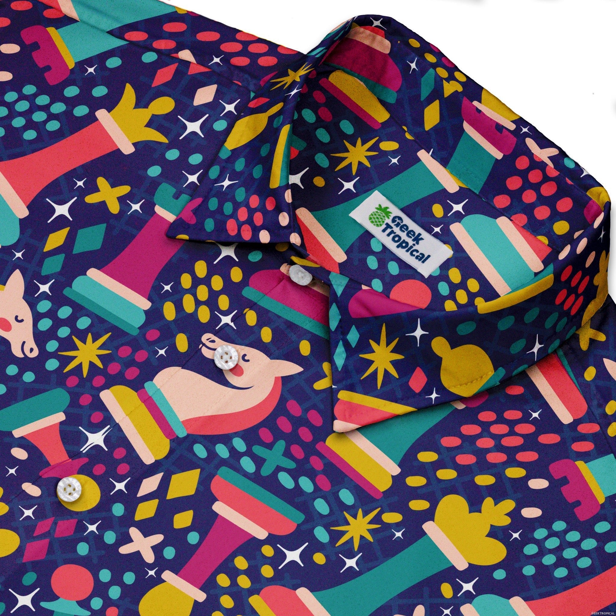 Chess Colorful Chess Pieces Blue Button Up Shirt - adult sizing - board game print - Maximalist Patterns