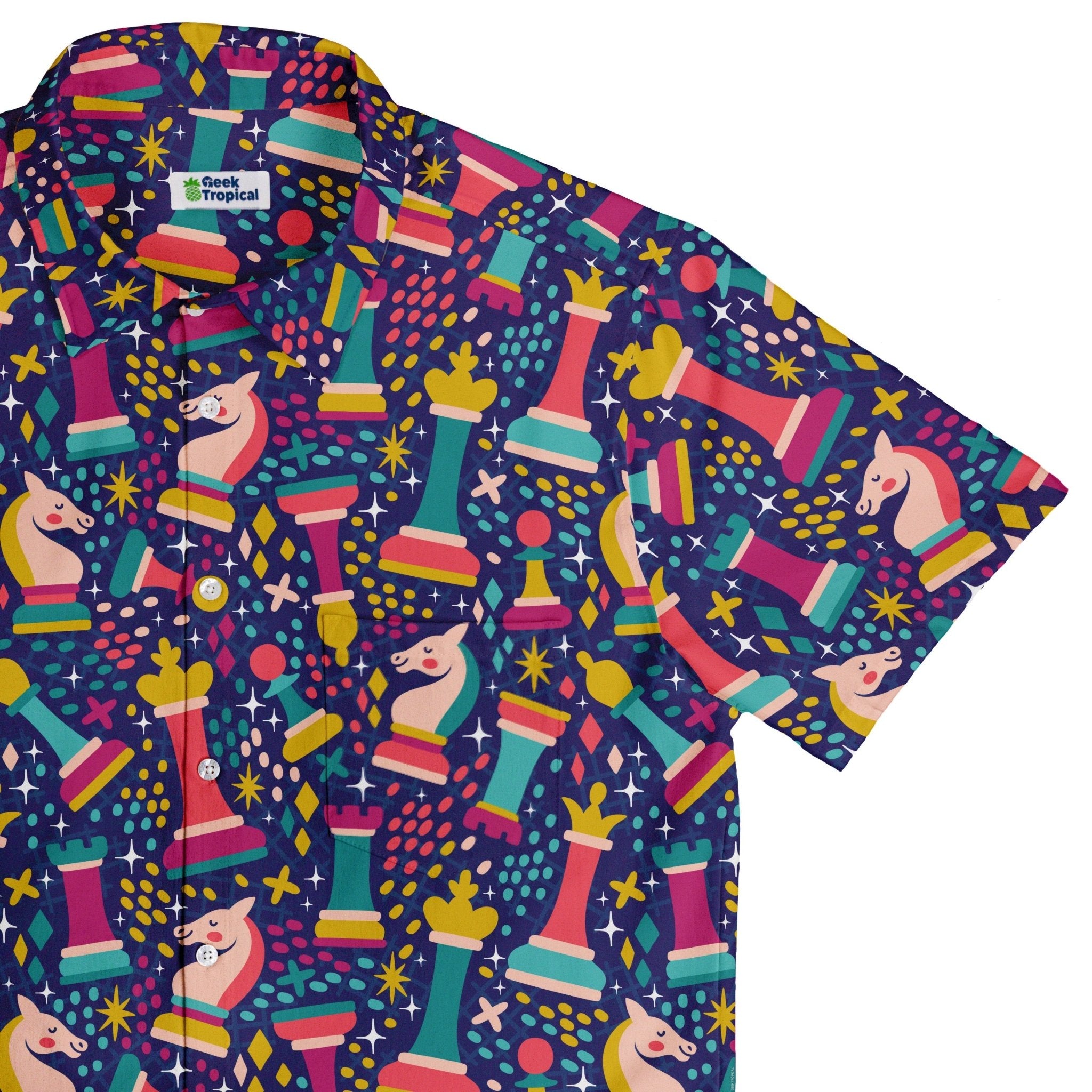 Chess Colorful Chess Pieces Blue Button Up Shirt - adult sizing - board game print - Maximalist Patterns