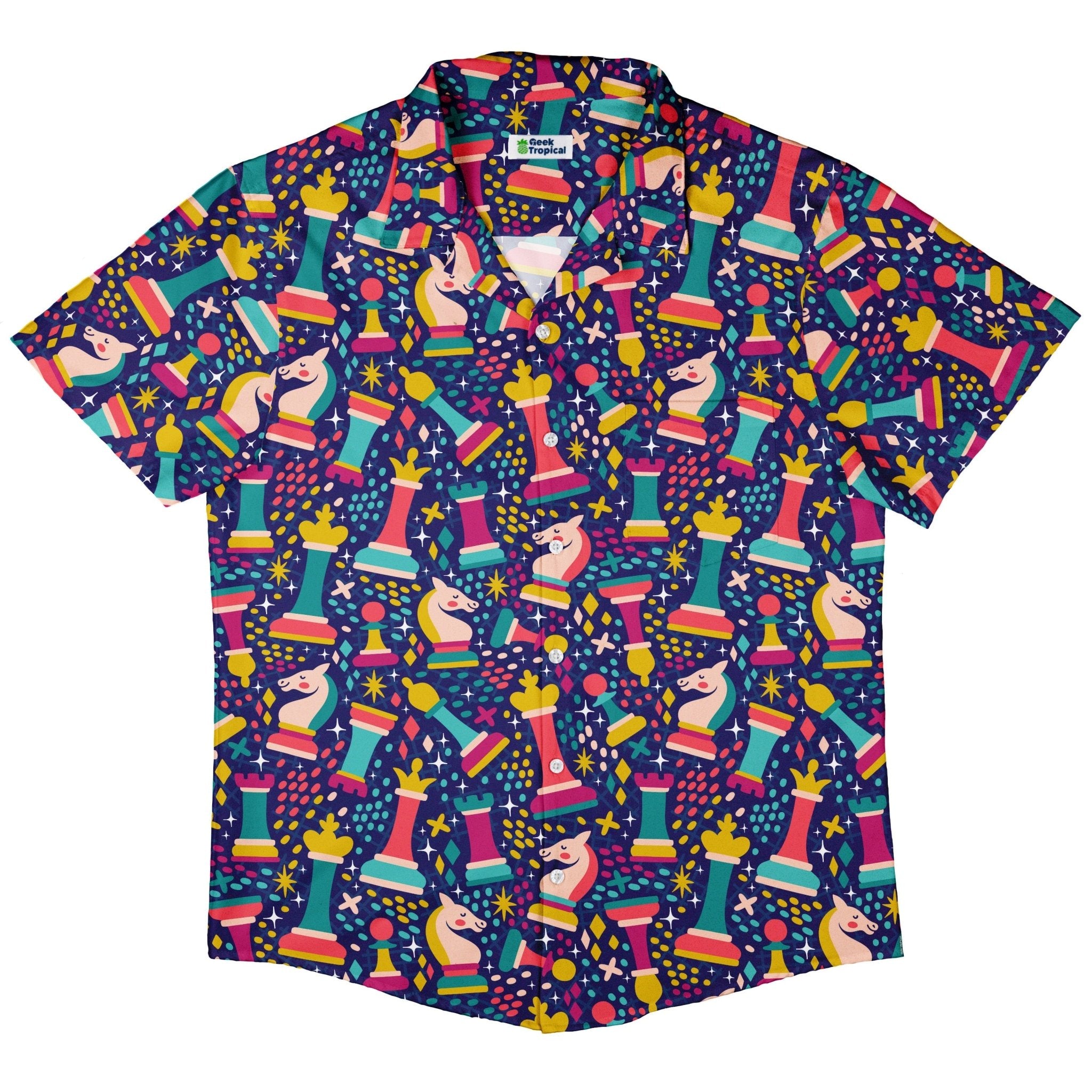 Chess Pattern Shirt Chess Colorful Chess Pieces Blue Button Up Shirt | Geek Tropical