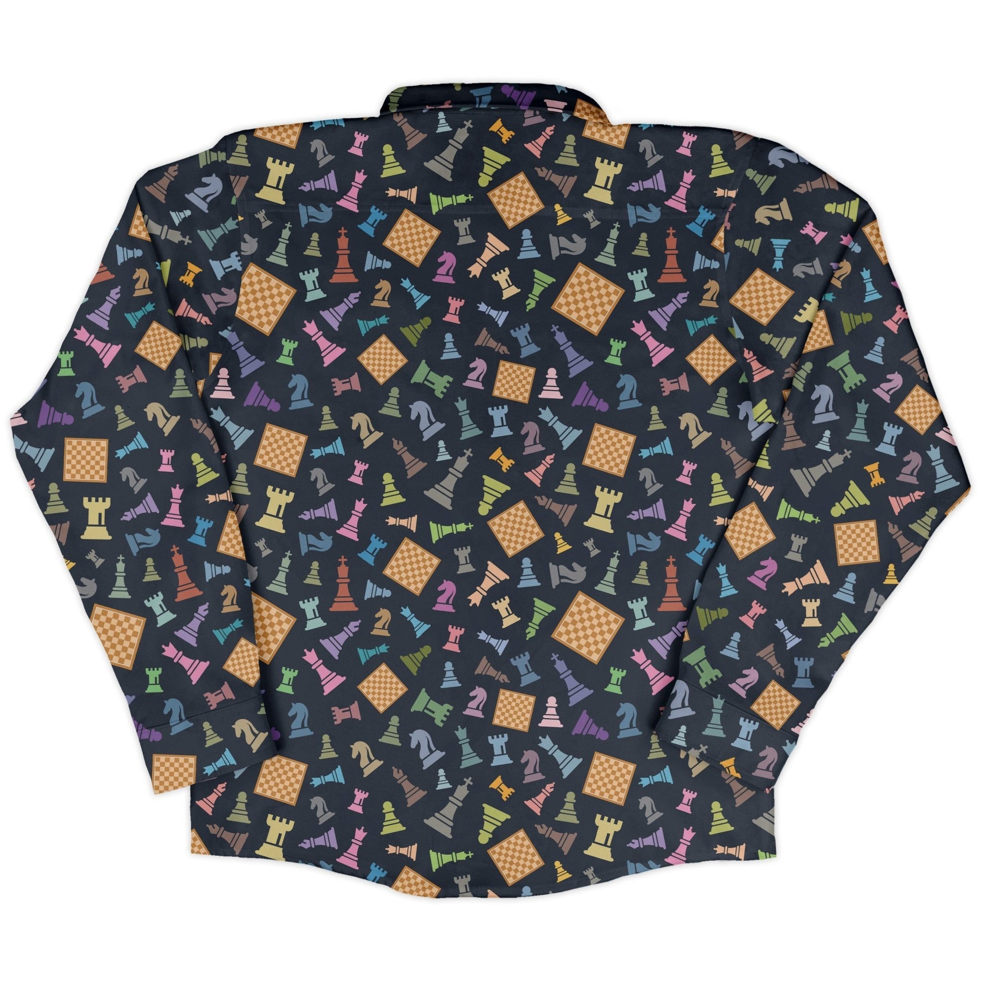 Chess Colorful Pieces Board Blue Long Sleeve Button Up Shirt Geek Nerd adult sizing board game print