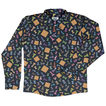 Chess Colorful Pieces Board Blue Long Sleeve Button Up Shirt Geek Nerd adult sizing board game print