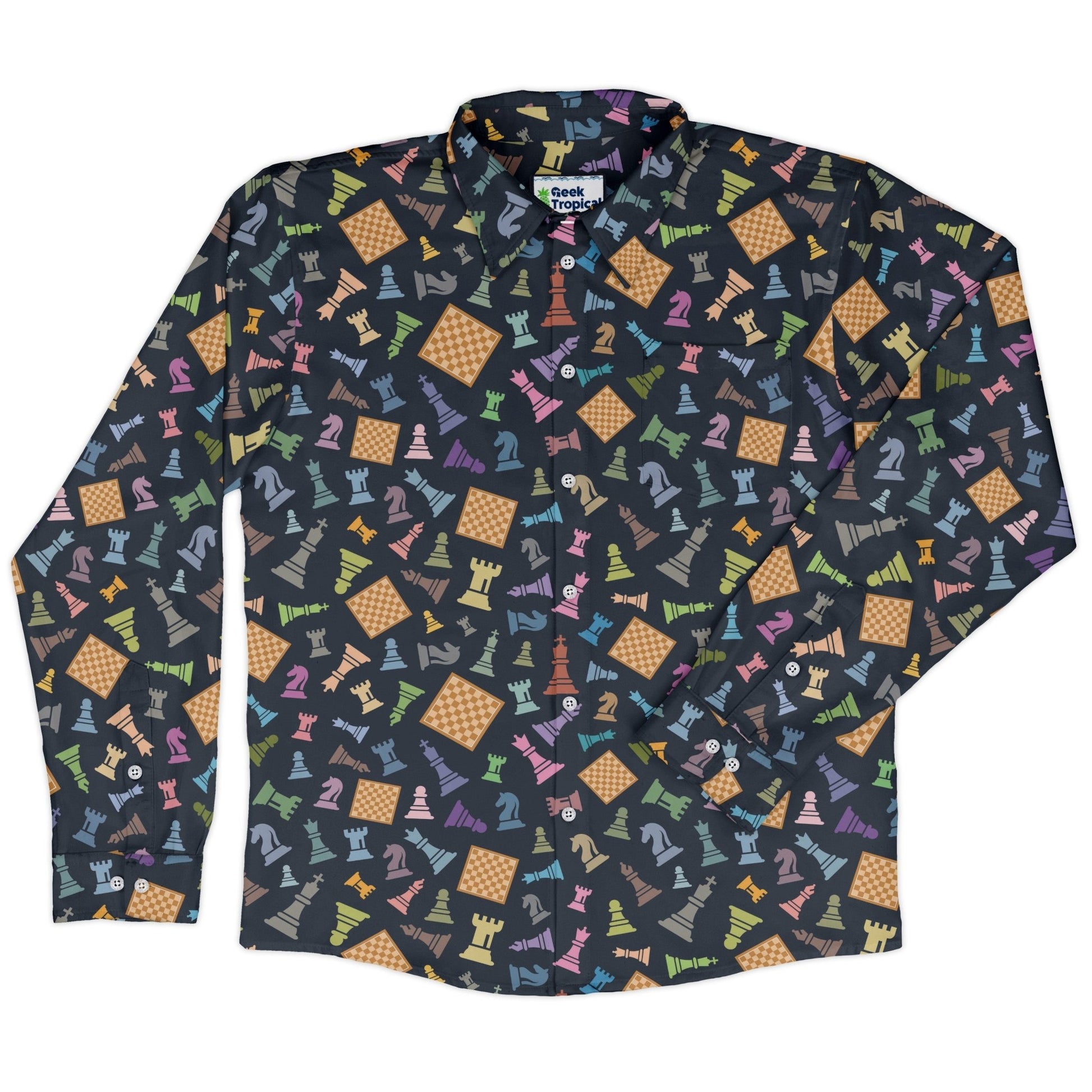 Chess Colorful Pieces Board Blue Long Sleeve Button Up Shirt Geek Nerd adult sizing board game print