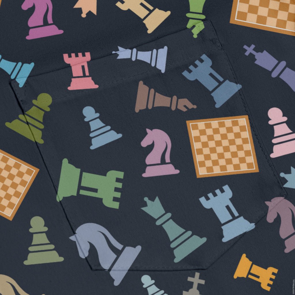 Chess Colorful Pieces Board Blue Long Sleeve Button Up Shirt Geek Nerd adult sizing board game print