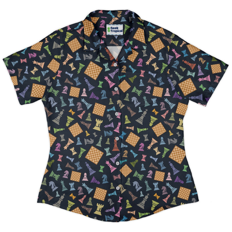 Chess Colorful Pieces Board Blue Curvy Button Up Shirt Geek Nerd board game print women
