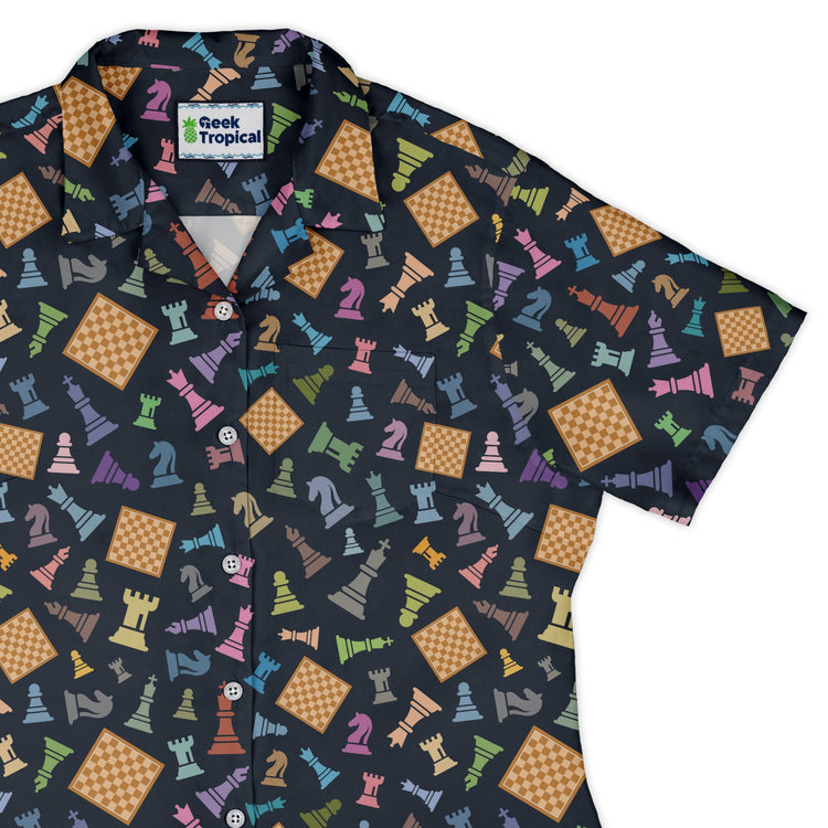 Chess Colorful Pieces Board Blue Curvy Button Up Shirt Geek Nerd board game print women