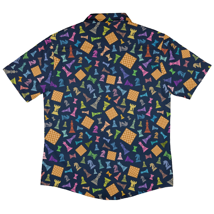 Chess Colorful Pieces Board Blue Button Up Shirt - adult sizing - board game print -