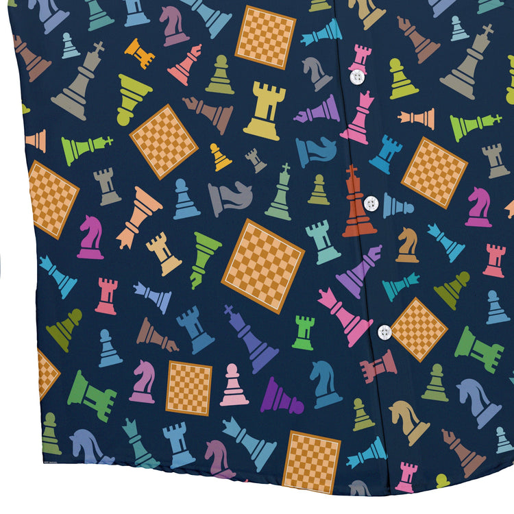 Chess Colorful Pieces Board Blue Button Up Shirt - adult sizing - board game print -