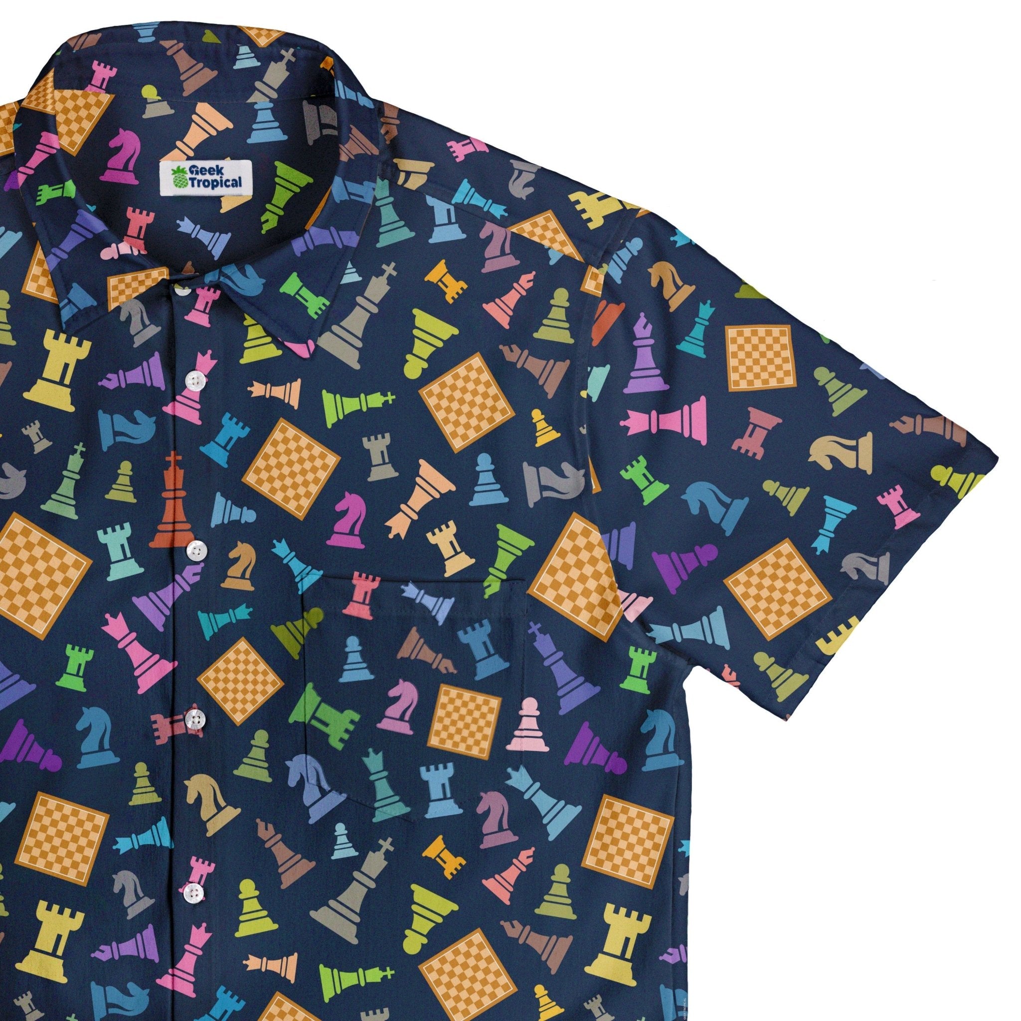 Chess Colorful Pieces Board Blue Button Up Shirt - adult sizing - board game print -