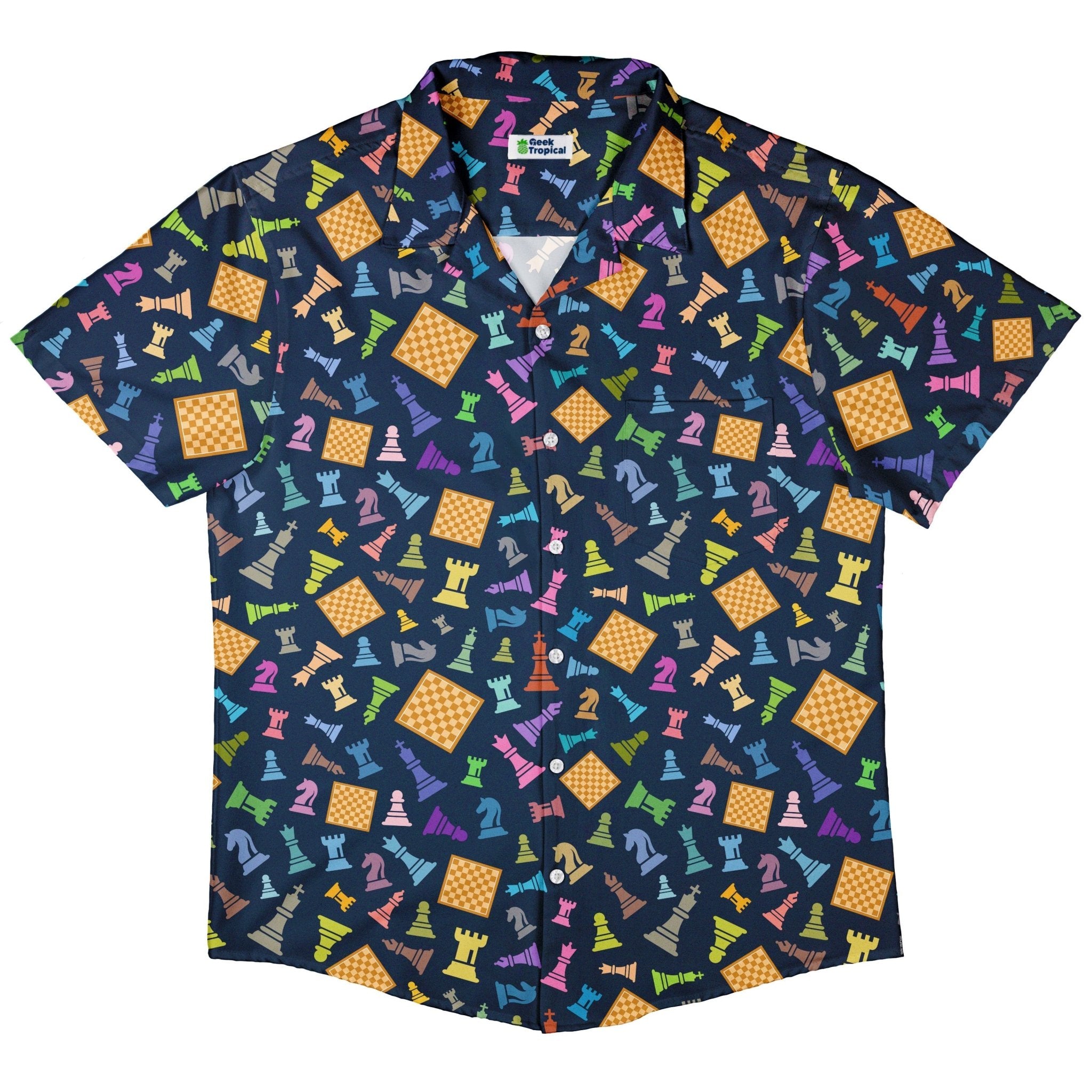 Chess Colorful Pieces Board Blue Button Up Shirt - adult sizing - board game print -