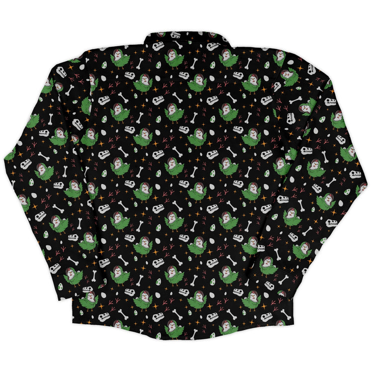 Chickenossauro Rex Long Sleeve Button Up Shirt Geek Nerd adult sizing Design by Tobe Fonseca dinosaur print